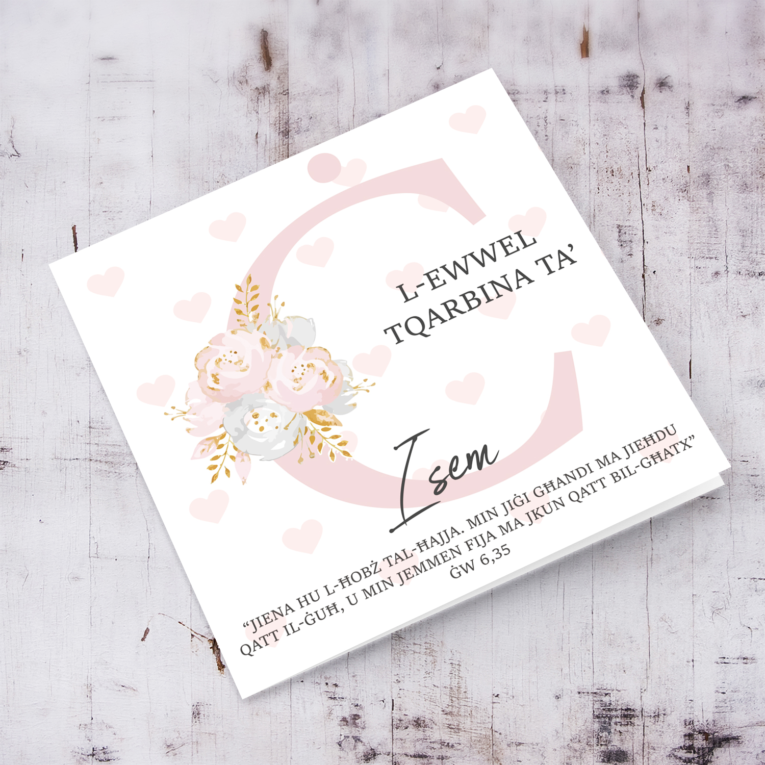 Ċ - Initial First Holy Communion Card for Girls, with bible verse ĠW 6,35 and light pink heart background in Maltese