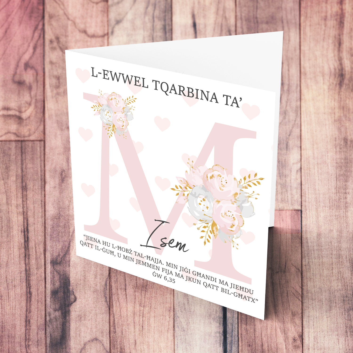M - Initial First Holy Communion Card for Girls, with bible verse ĠW 6,35 and light pink heart background in Maltese