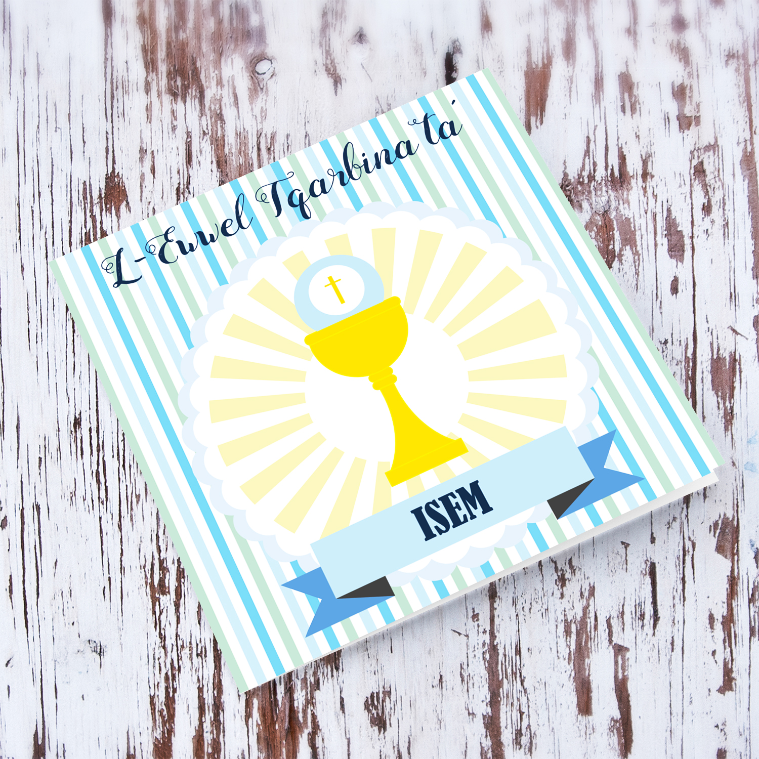 Blue and green striped Holy Communion Card in Maltese for Boys