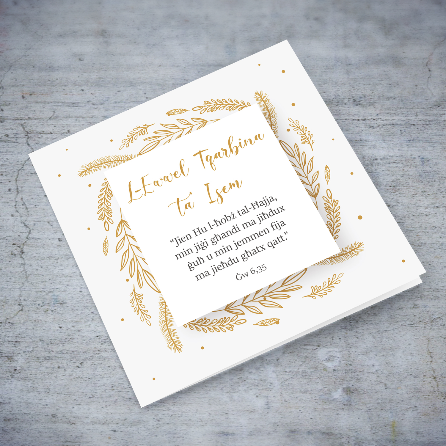 Gold tones personalisable Holy Communion Card in Maltese (unisex)