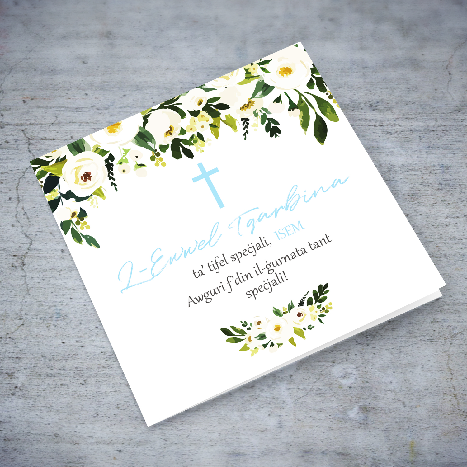 White flower themed personalisable Holy Communion card for special boy in Maltese