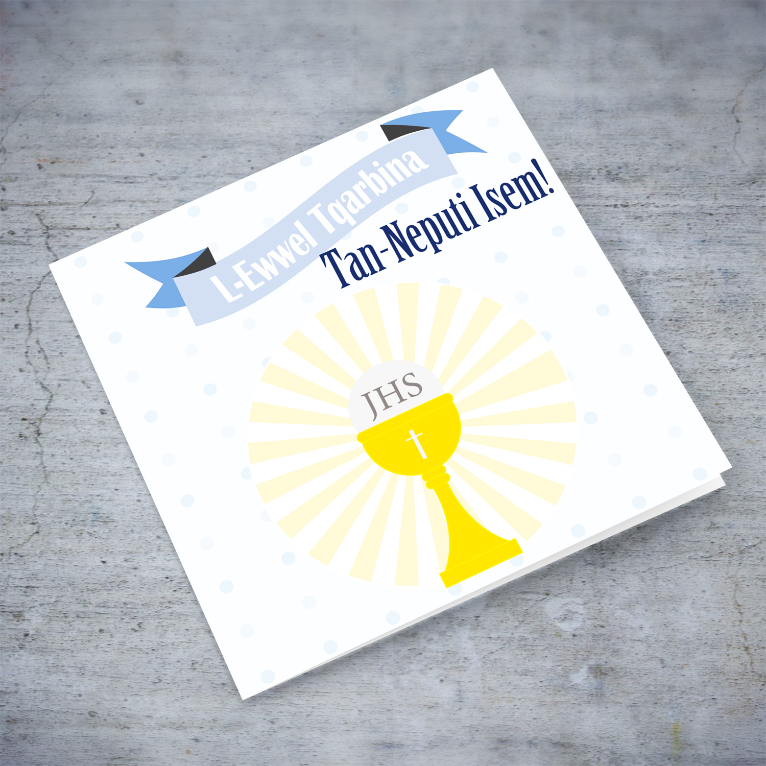 Nephew - Blue polka dot personalisable Holy Communion Card for Nephew in Maltese