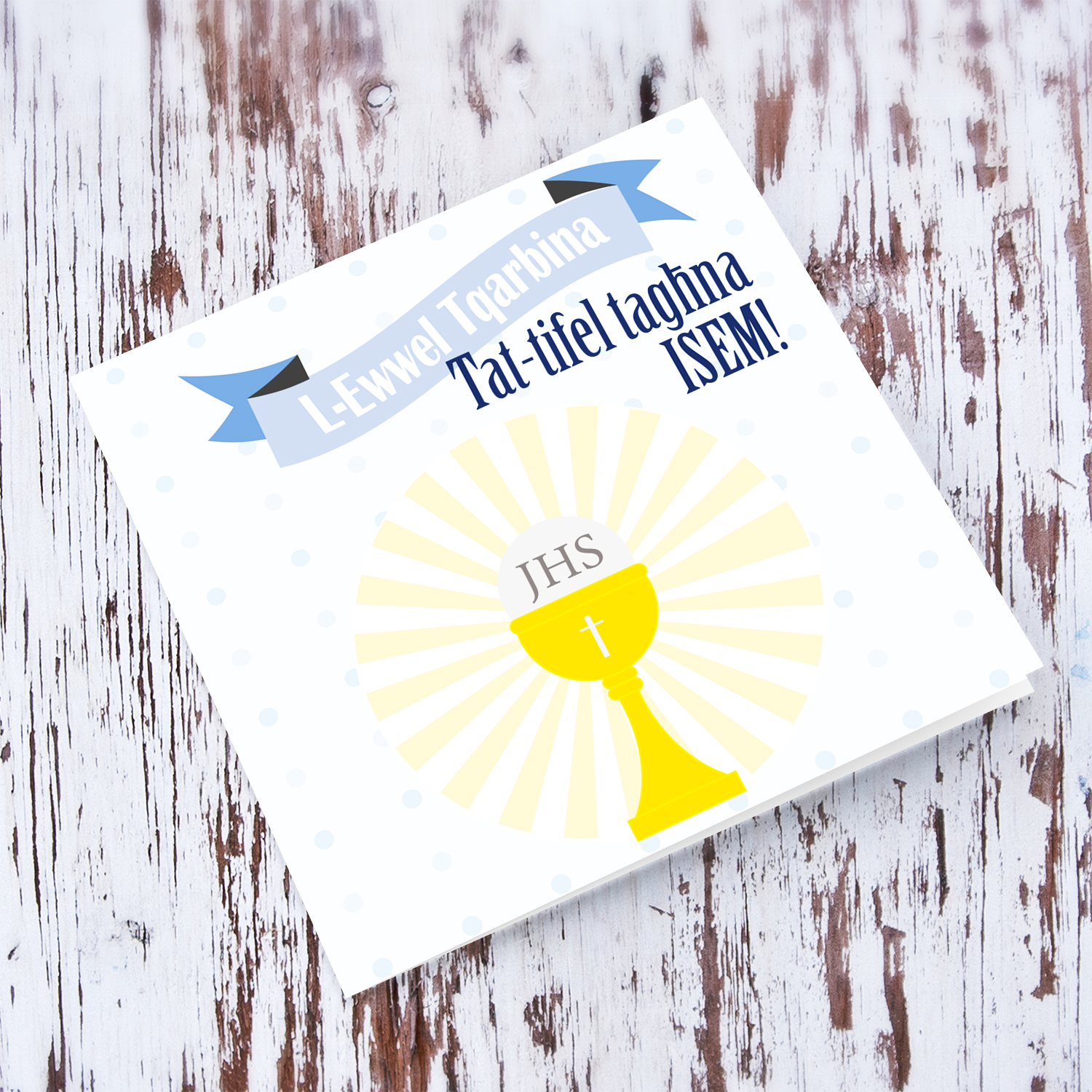 Son - Blue polka dot personalisable Holy Communion Card for Son in Maltese