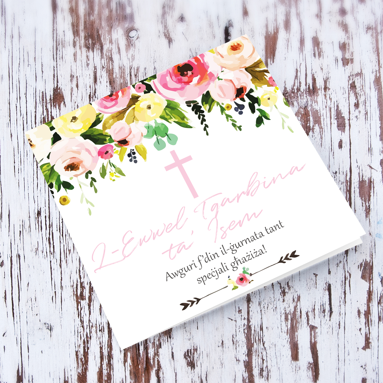 Floral themed personalisable Holy Communion Card with pink cross for girls in Maltese