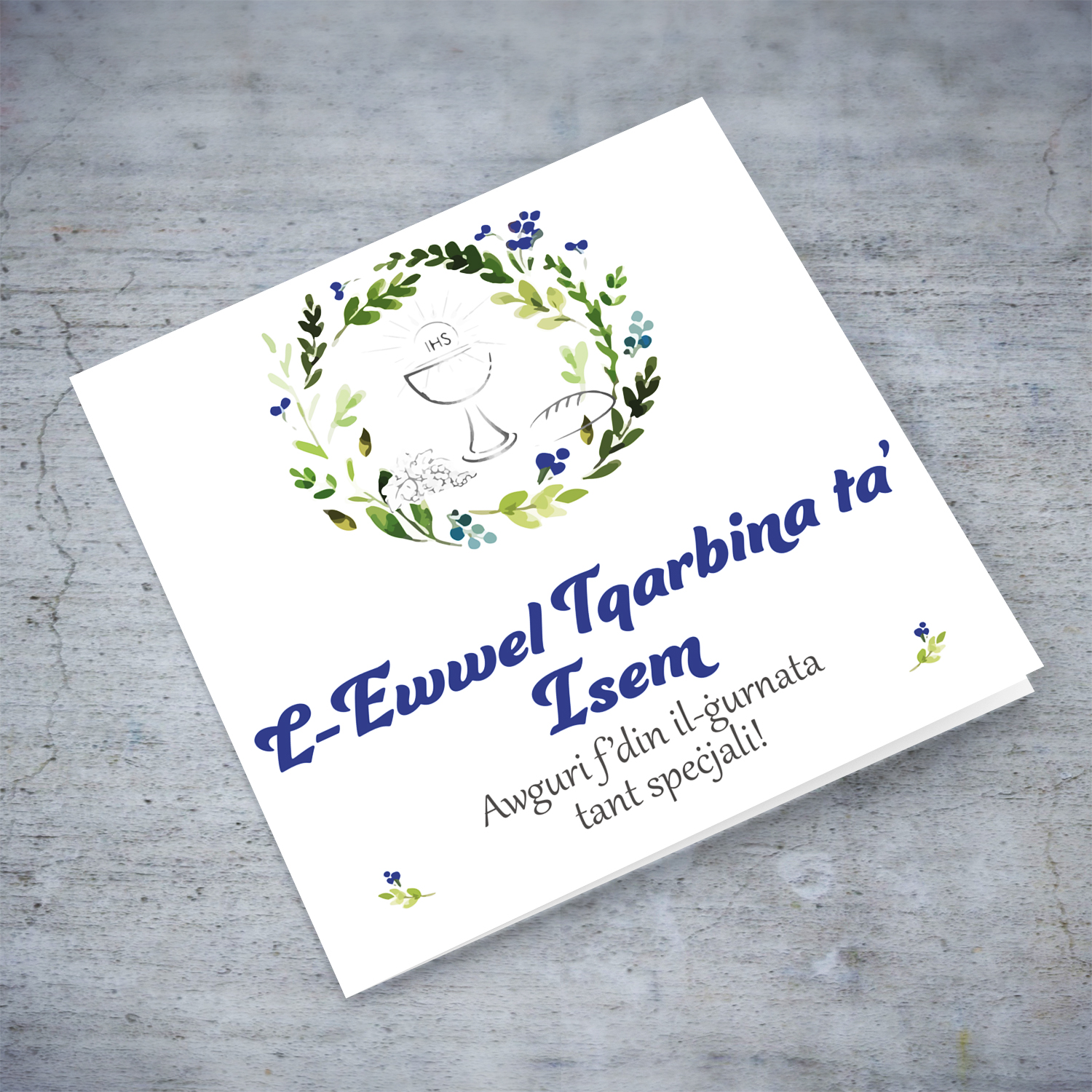 Floral wreath in blue tones personalisable Holy Communion Card for boy in Maltese (different font)
