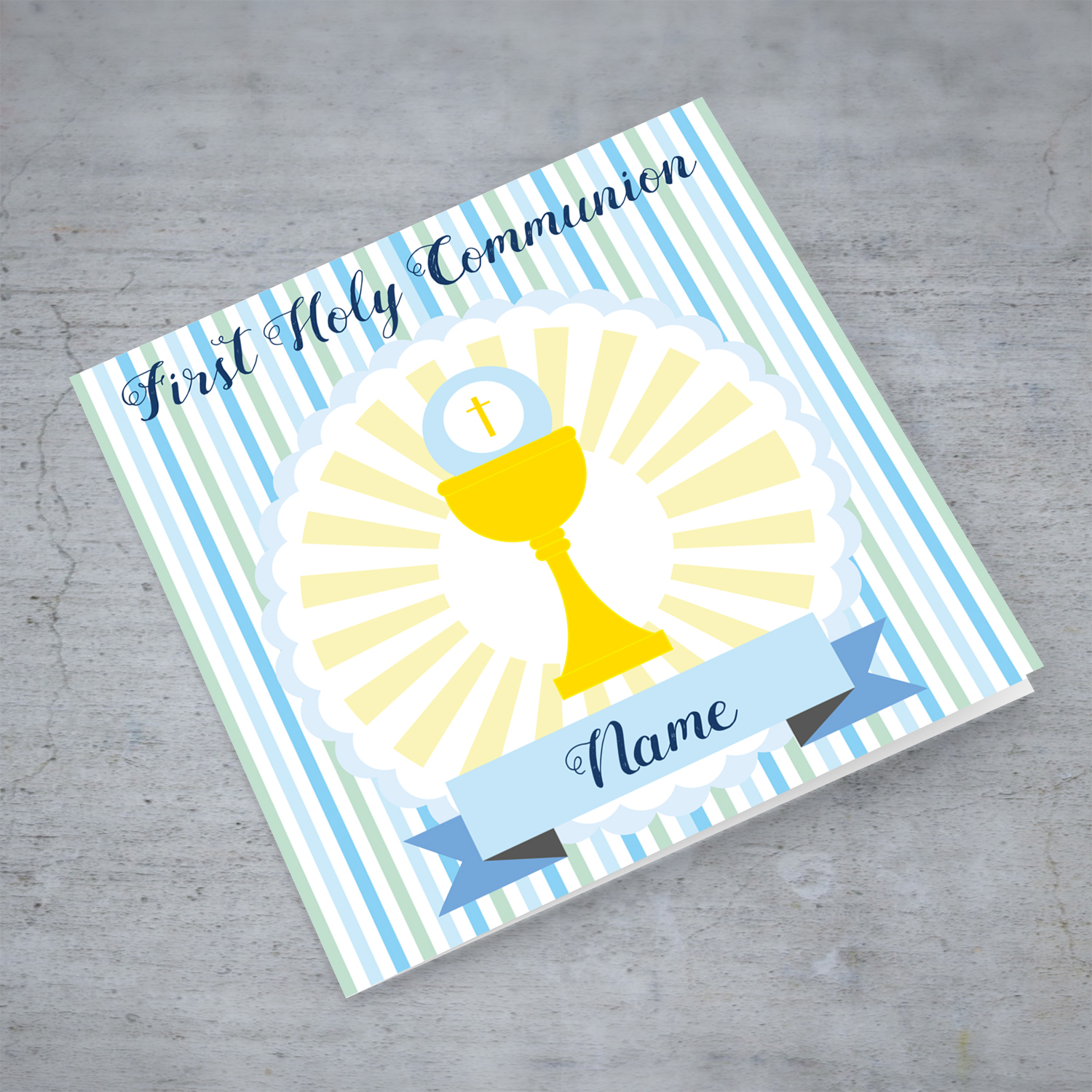 Blue and green striped personalisable Holy Communion Card in English for boys