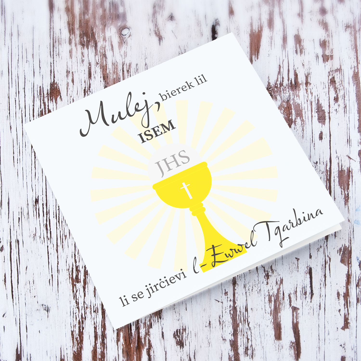 Pastel blue background personalisable Holy Communion Card for boys in Maltese