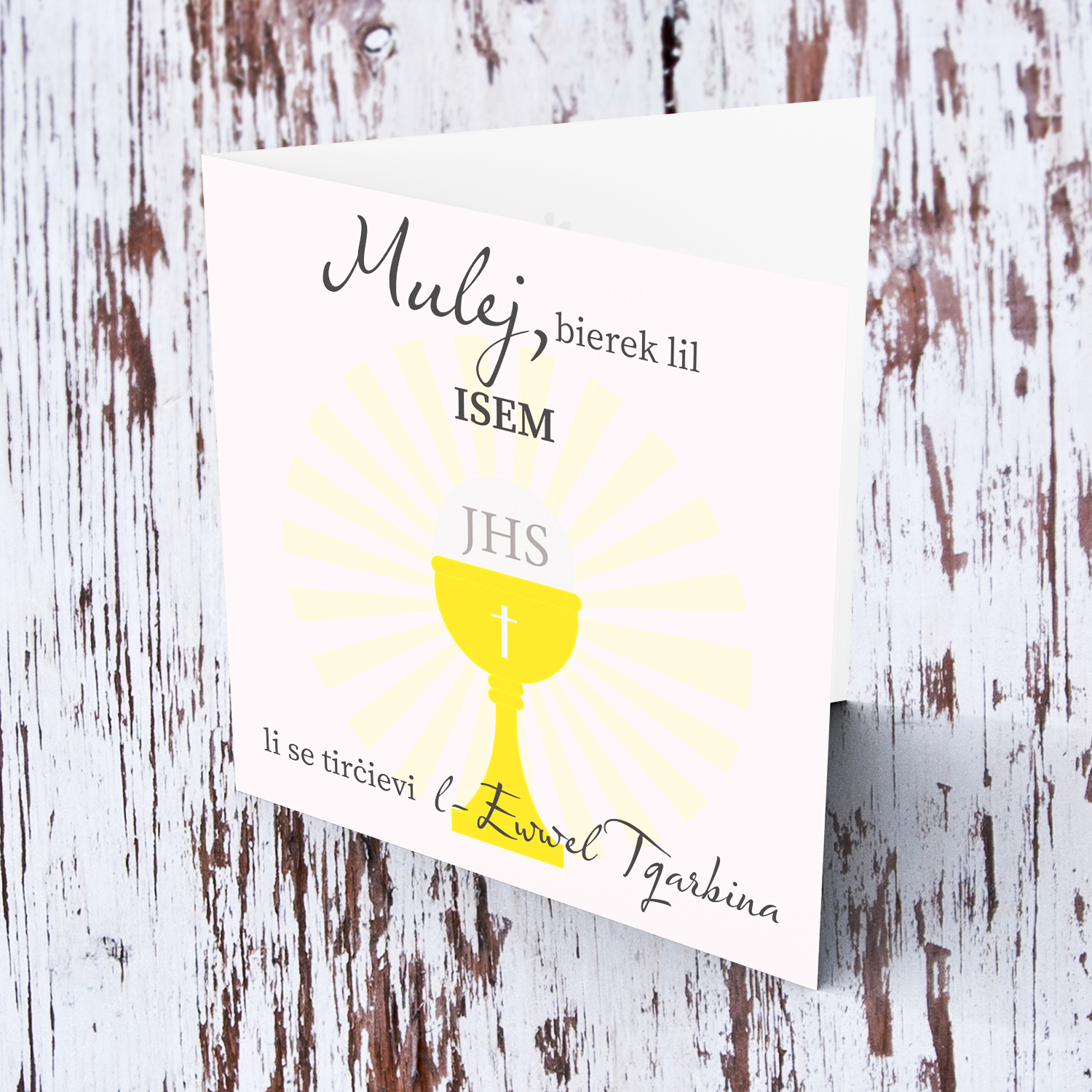Light Pastel pink background personalisable Holy Communion Card for girls in Maltese