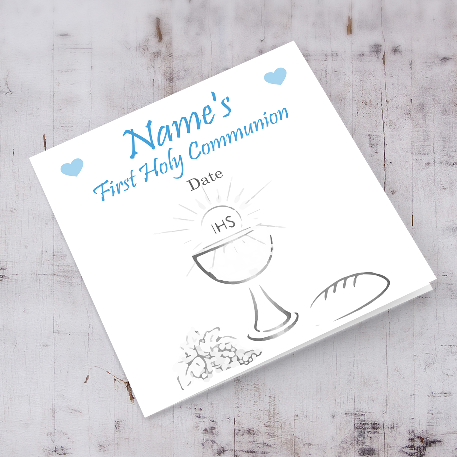 Holy Communion personalisable card for boys with grapes, bread, chalice and the holy communion in English