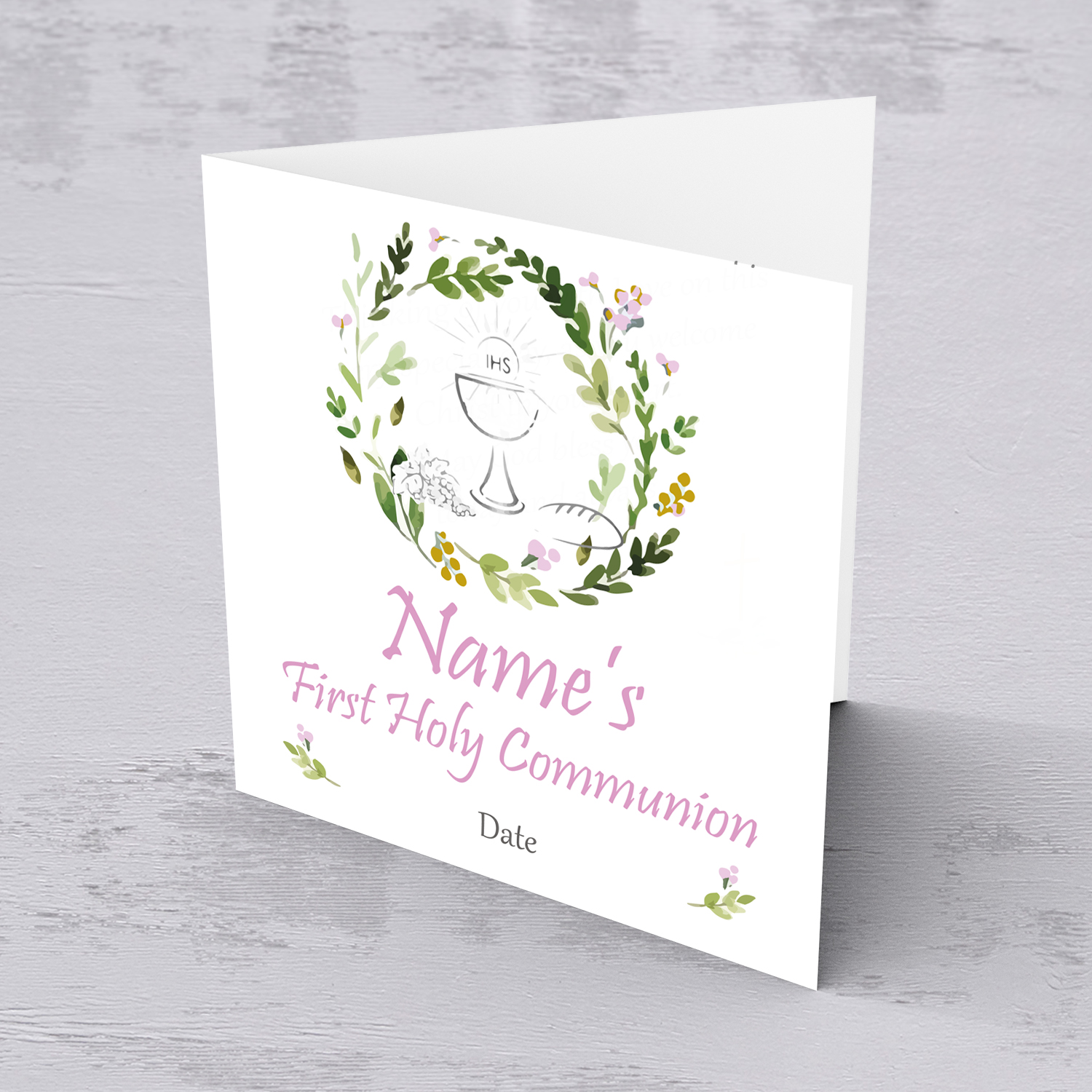 Floral wreath with pink and gold tones personalisable Holy Communion Card in English