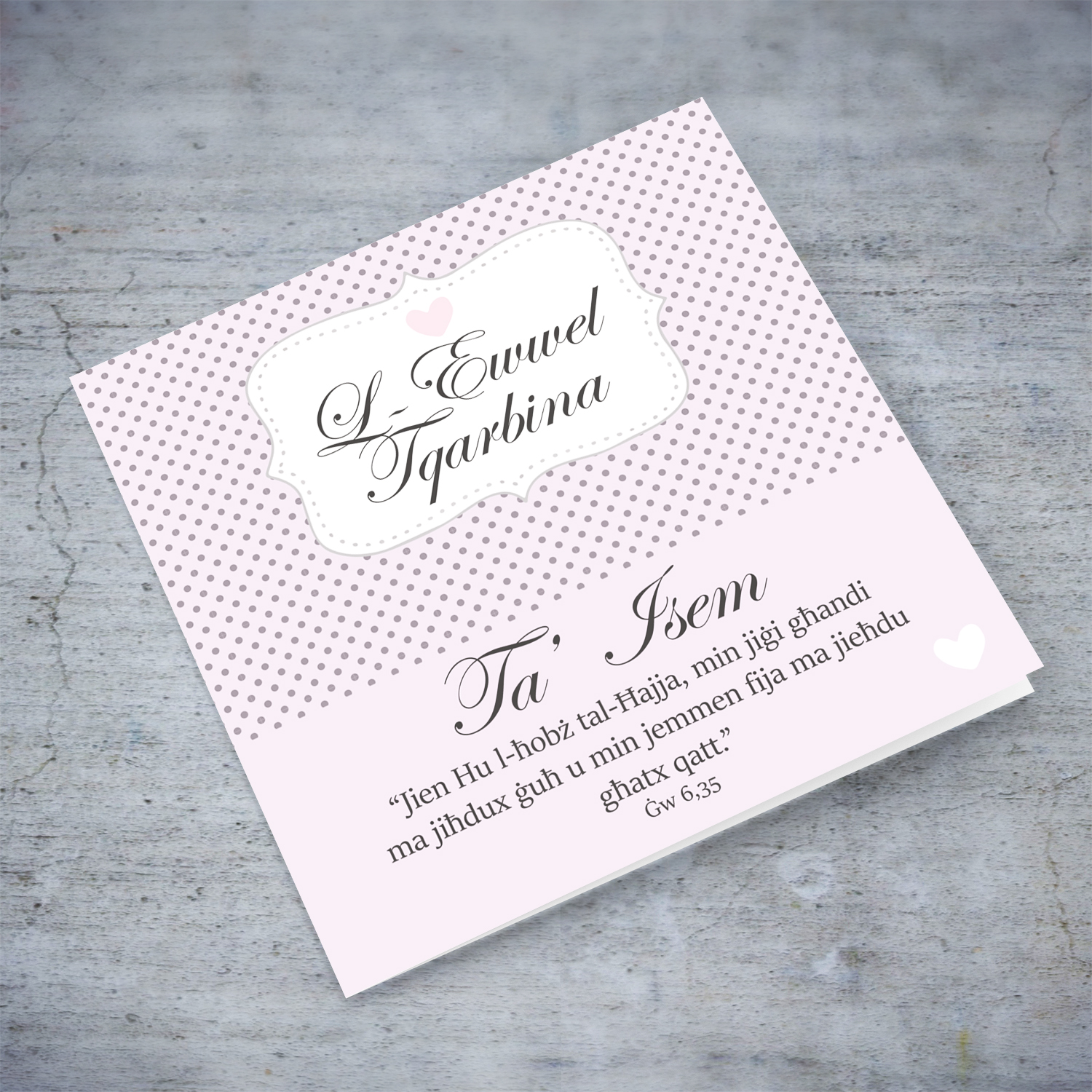 Pink personalisable Holy Communion Card with polka dot and pink background for girls in Maltese