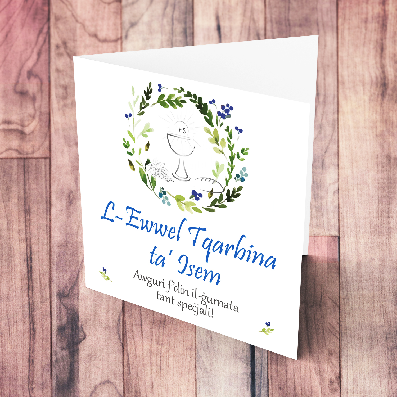 Floral wreath in blue tones personalisable Holy Communion Card for boy in Maltese