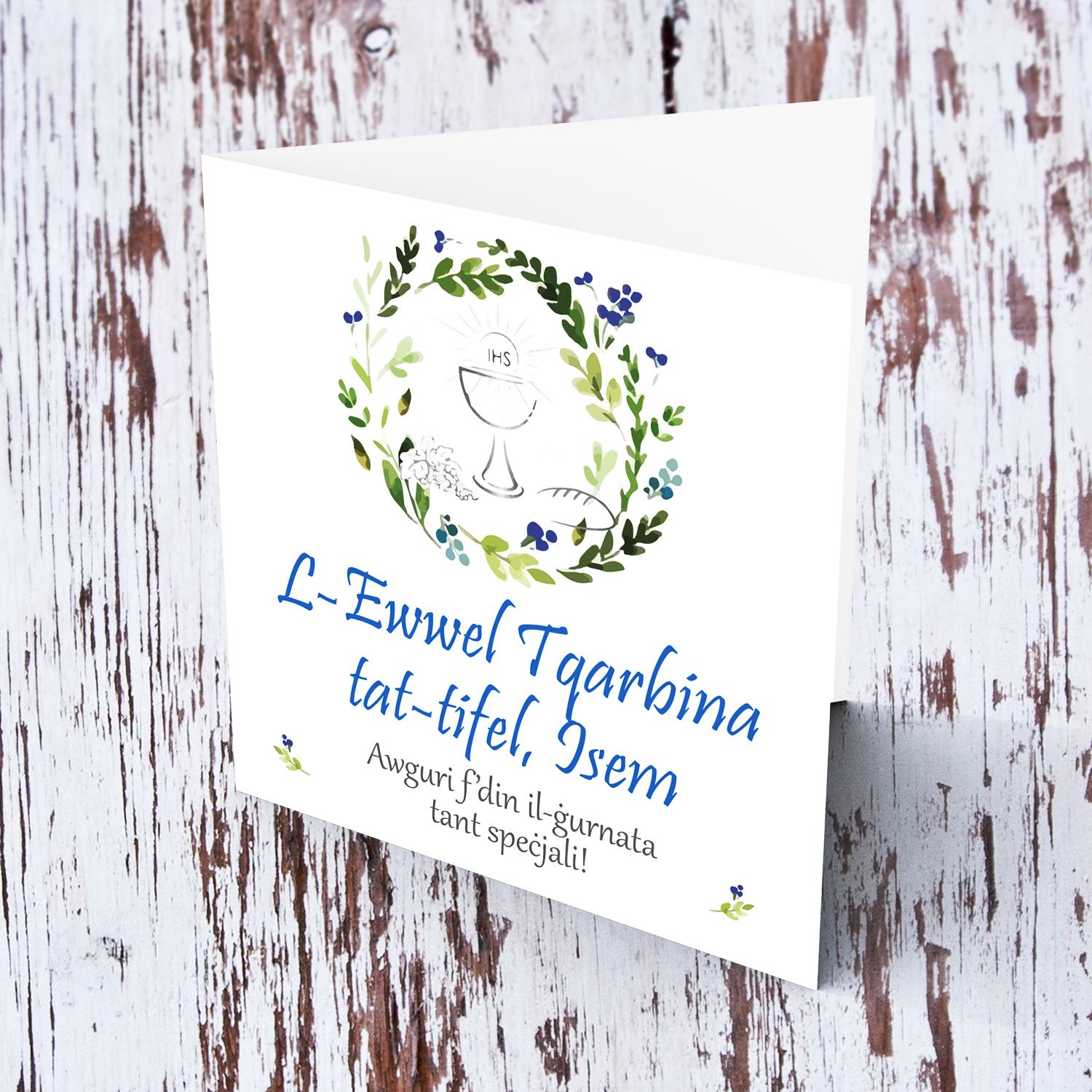 Son - Floral wreath in blue tones personalisable Holy Communion Card for son in Maltese
