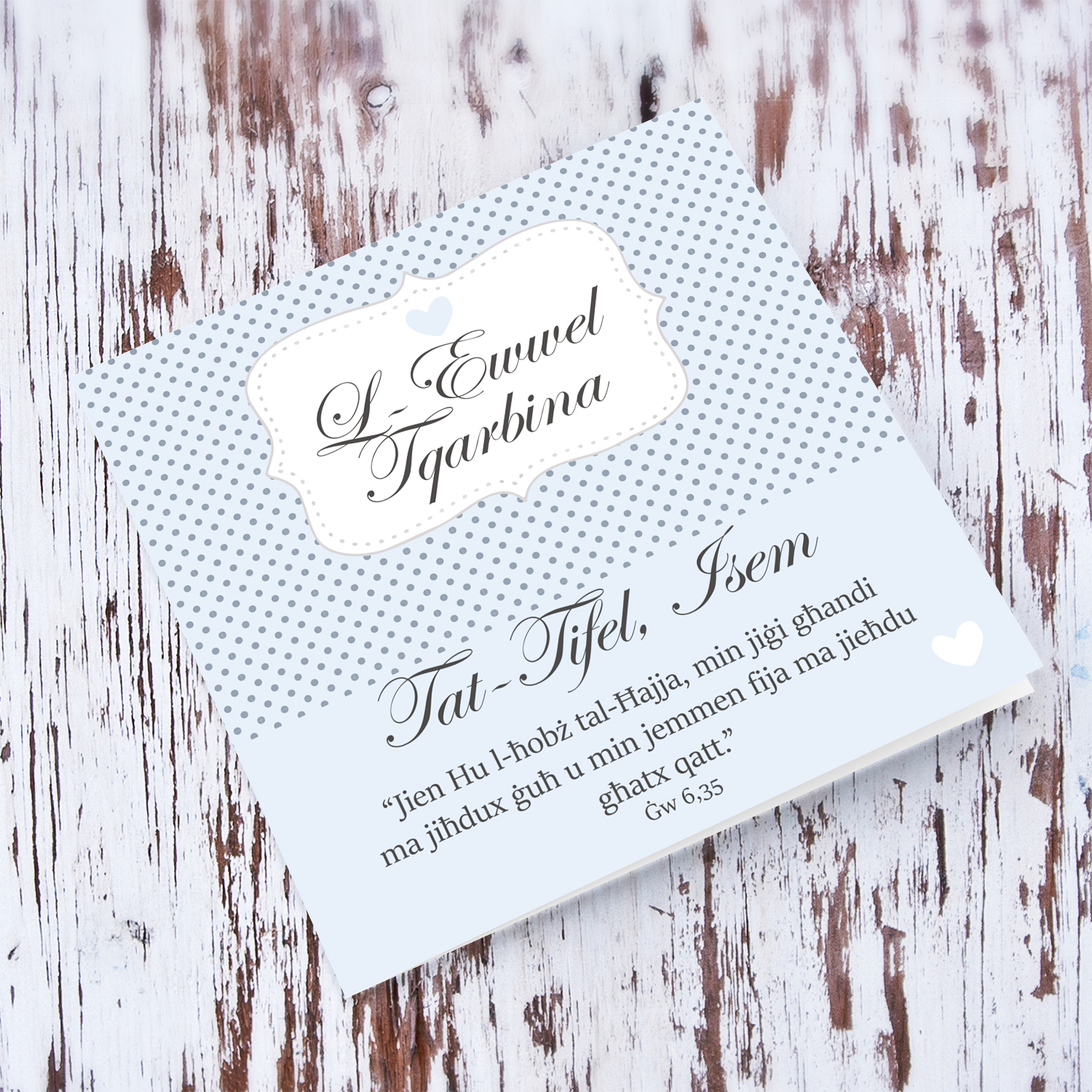 Son - Blue polka dot personalisable Holy Communion Card for Son in Maltese