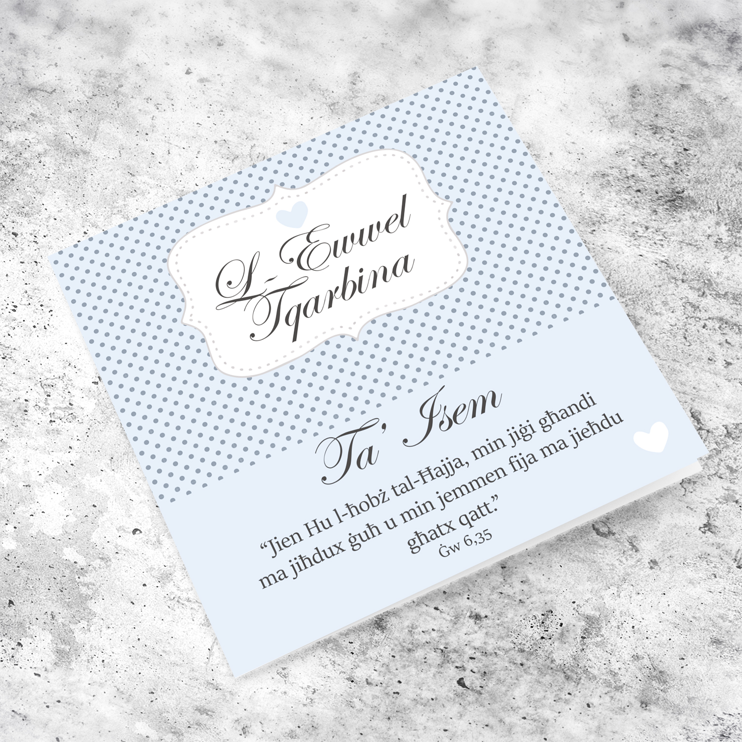 Blue polka dot personalisable Holy Communion Card for boy in Maltese