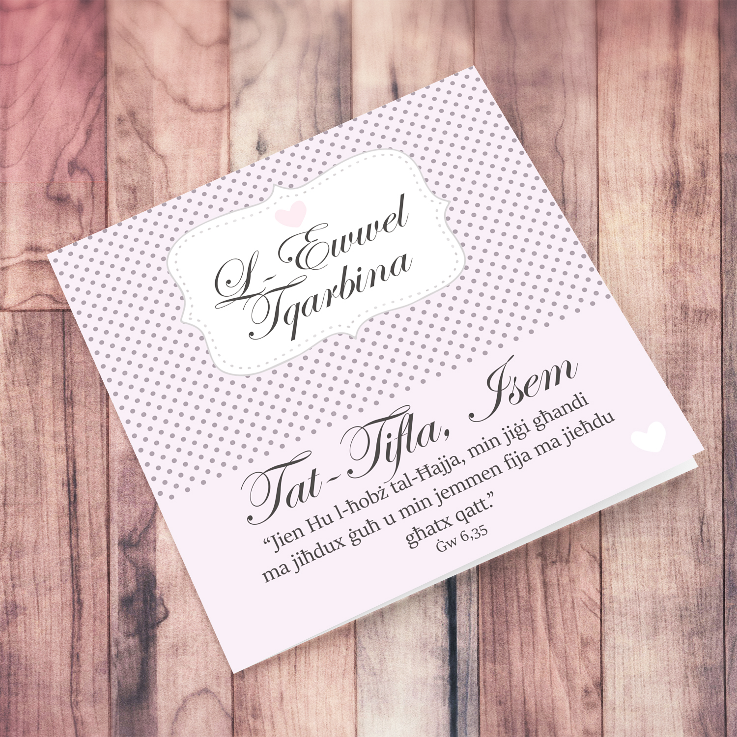 Daughter personalisable Holy Communion Card with polka dot and pink background in Maltese