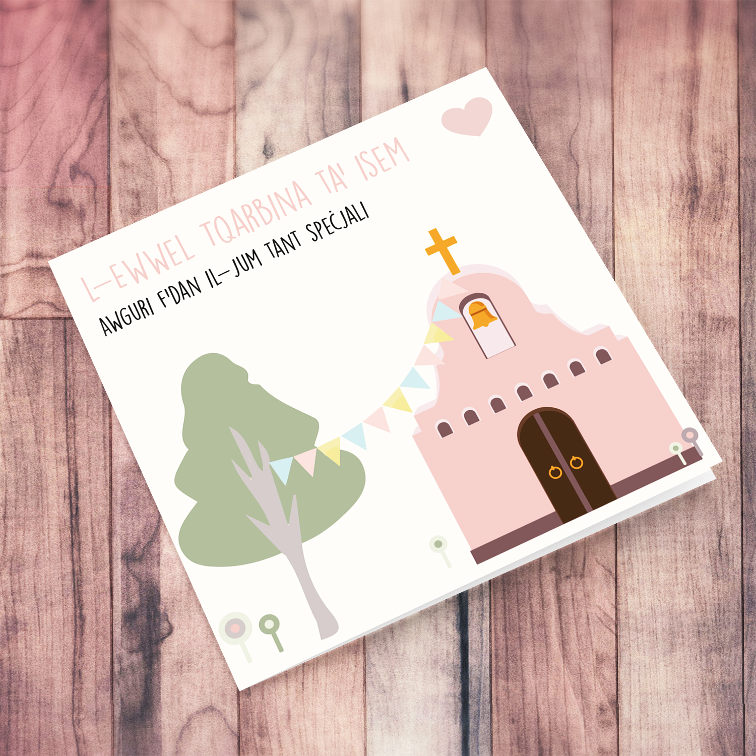 Church themed personalisable Holy Communion Card for girls in Maltese