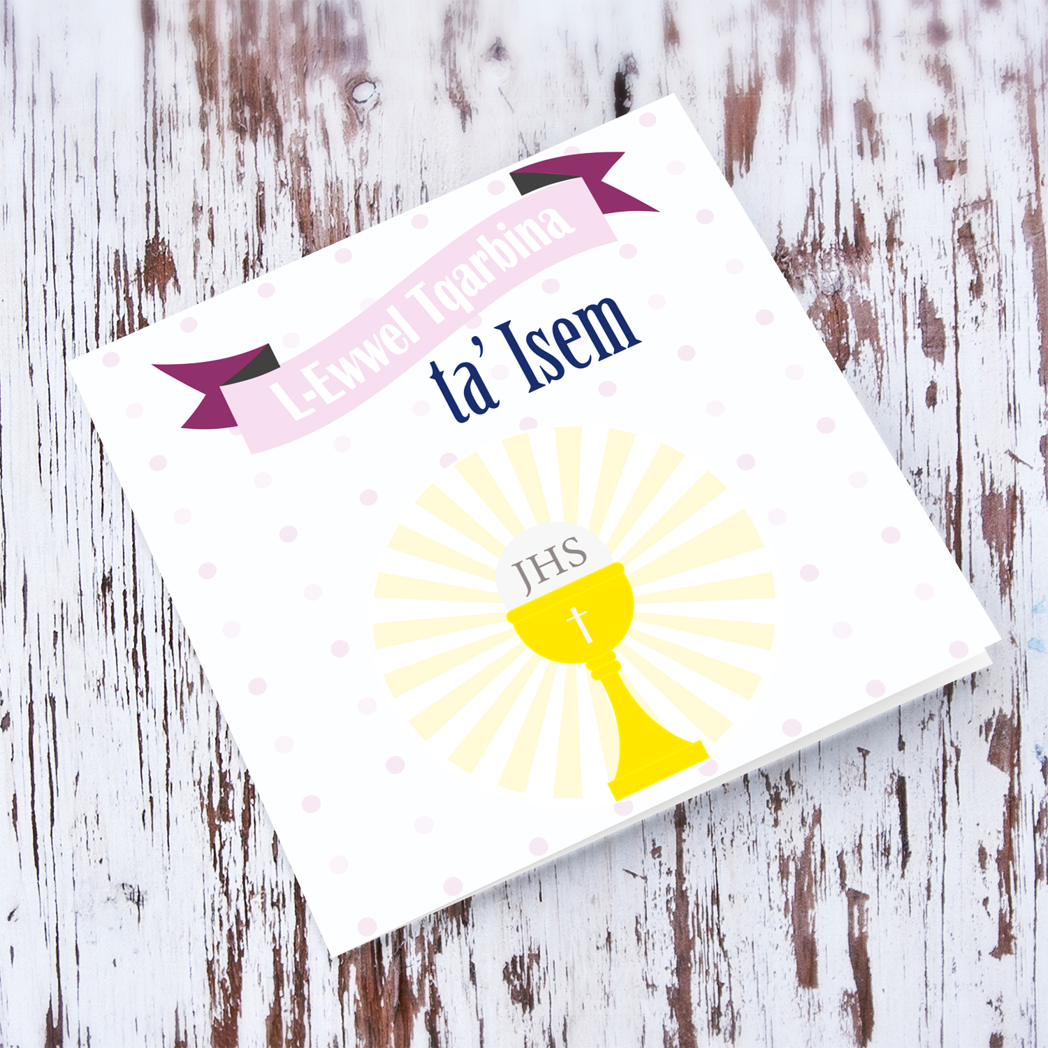 Holy Communion personalisable Card for girl with pink polka dot background in Maltese