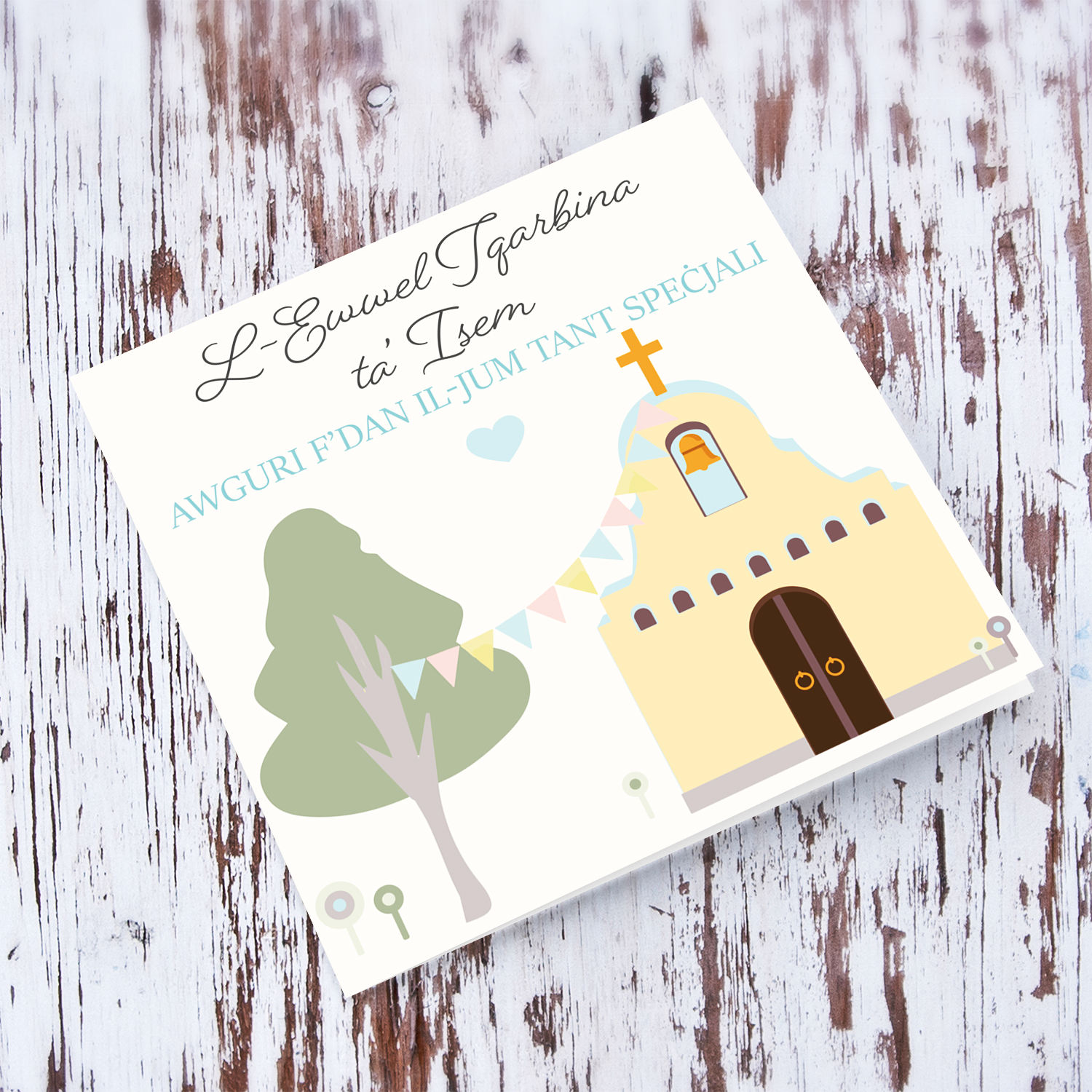 Church themed personalisable  Holy Communion Card for boys in Maltese
