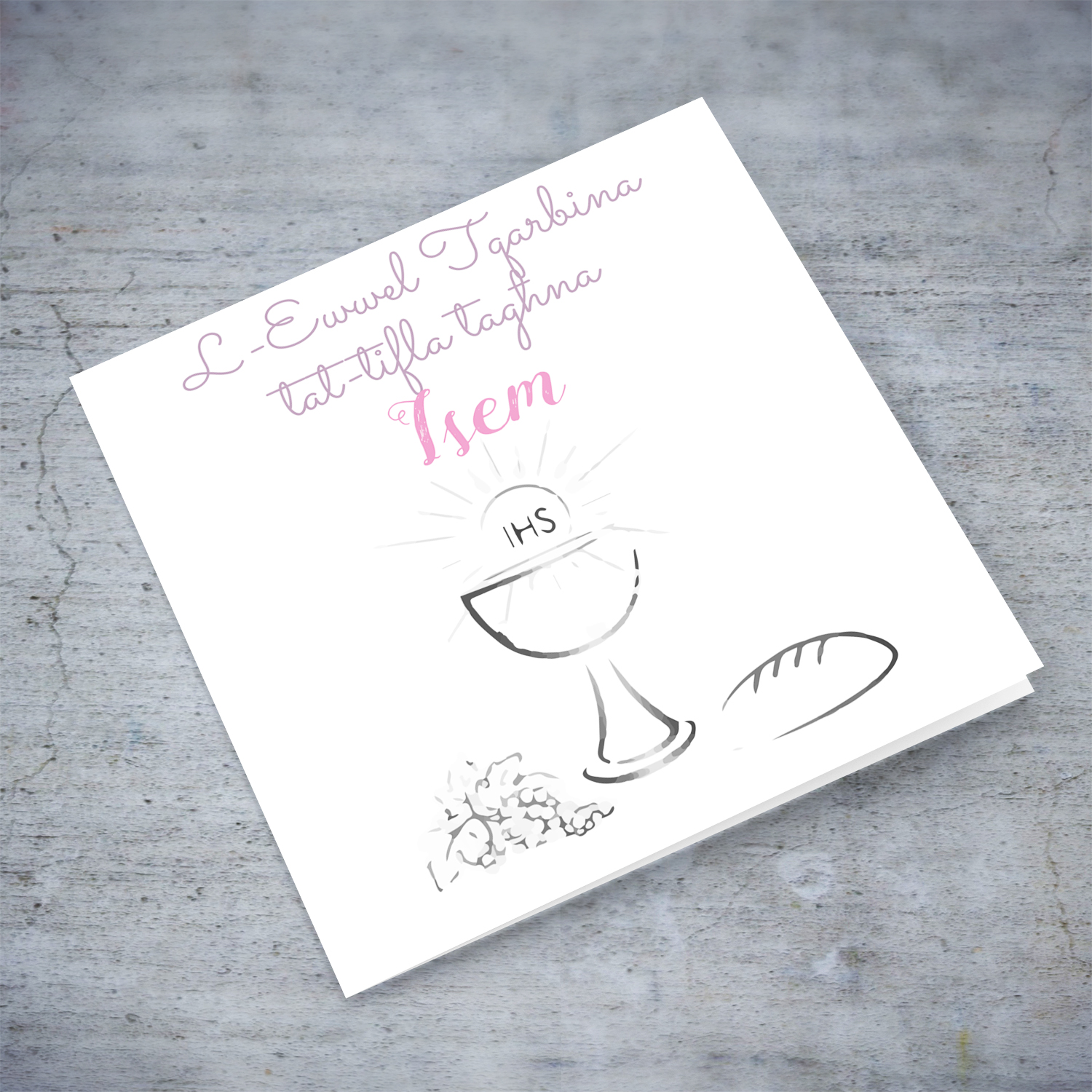 Daughter Holy Communion personalisable card with grapes, bread, chalice and the holy communion in Maltese
