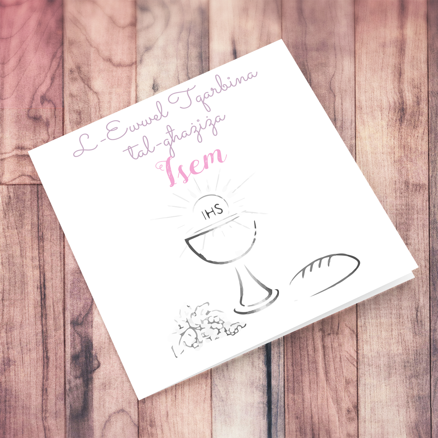 Girl Holy Communion personalisable card with grapes, bread, chalice and the holy communion in Maltese