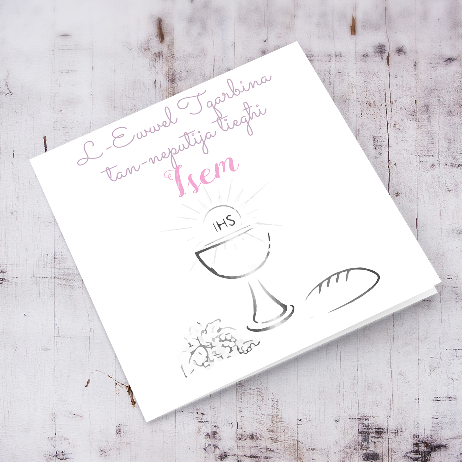 Niece Holy Communion personalisable card with grapes, bread, chalice and the holy communion in Maltese