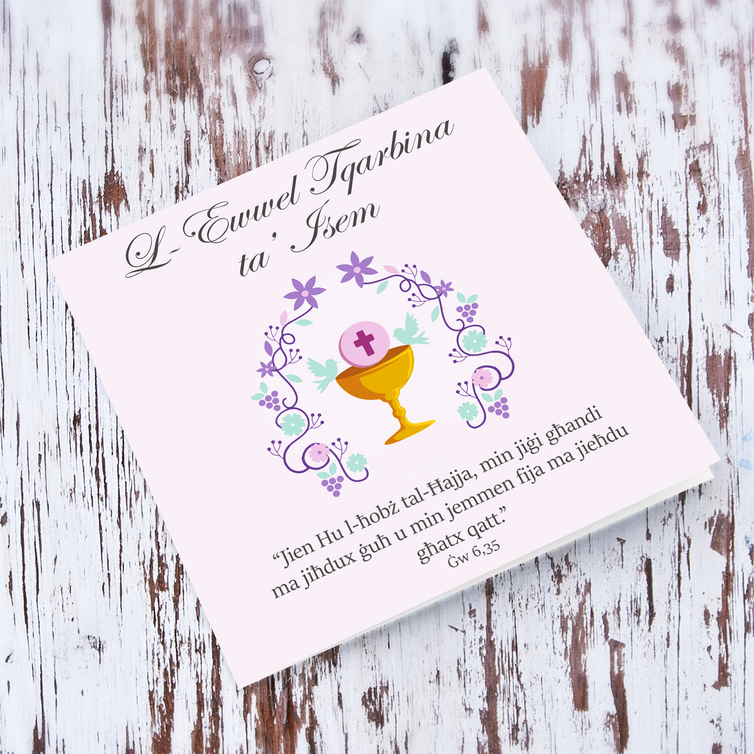 Holy Communion personalisable card for girls with pink polka dot in Maltese
