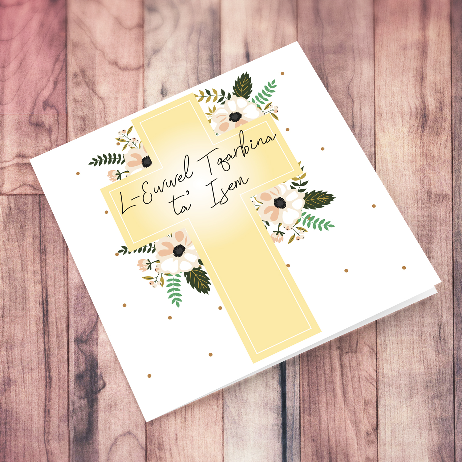Holy Cross in pastel colour with various florals personalisable Holy Communion card in Maltese