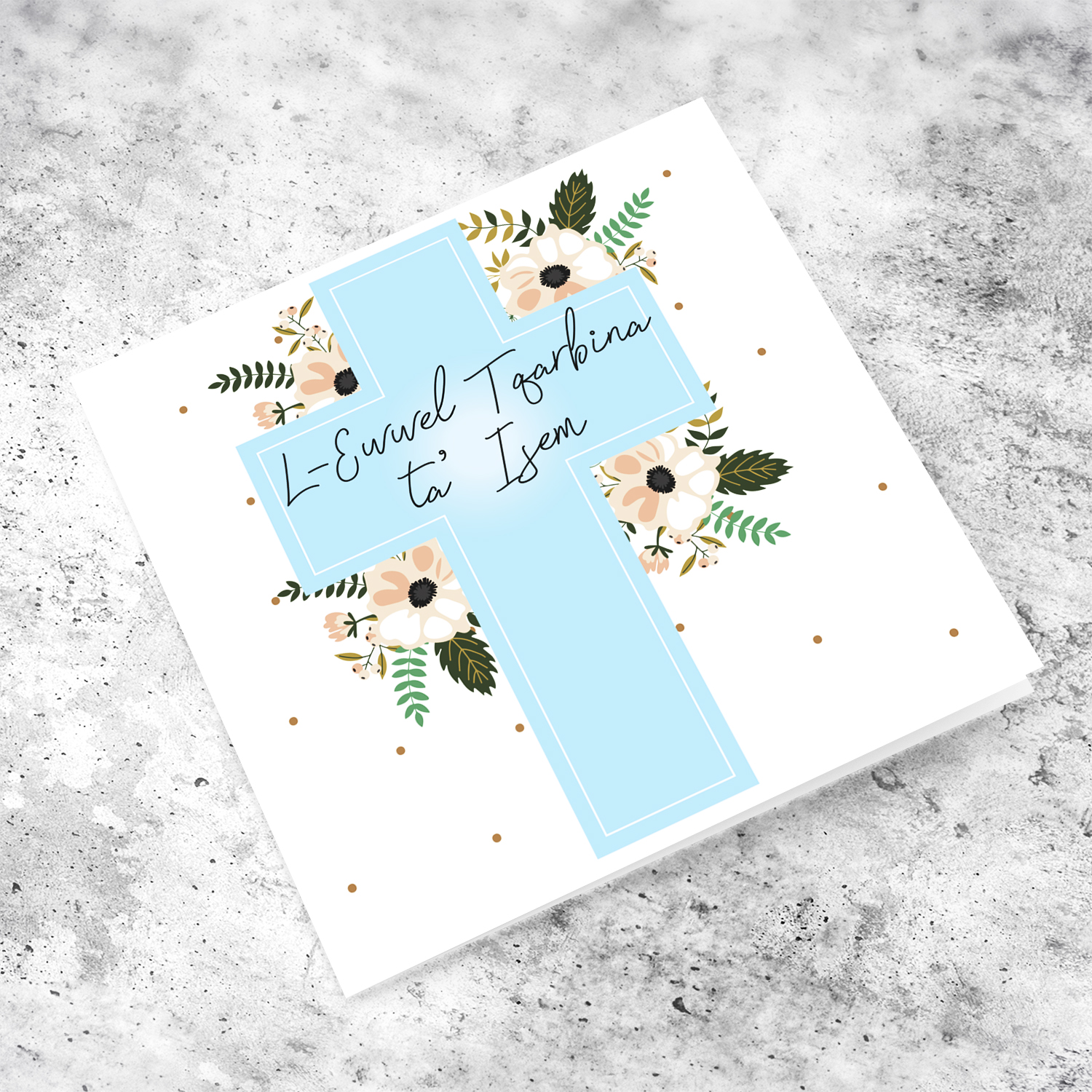 Holy cross in light blue with various florals personalisable holy communion card in Maltese 