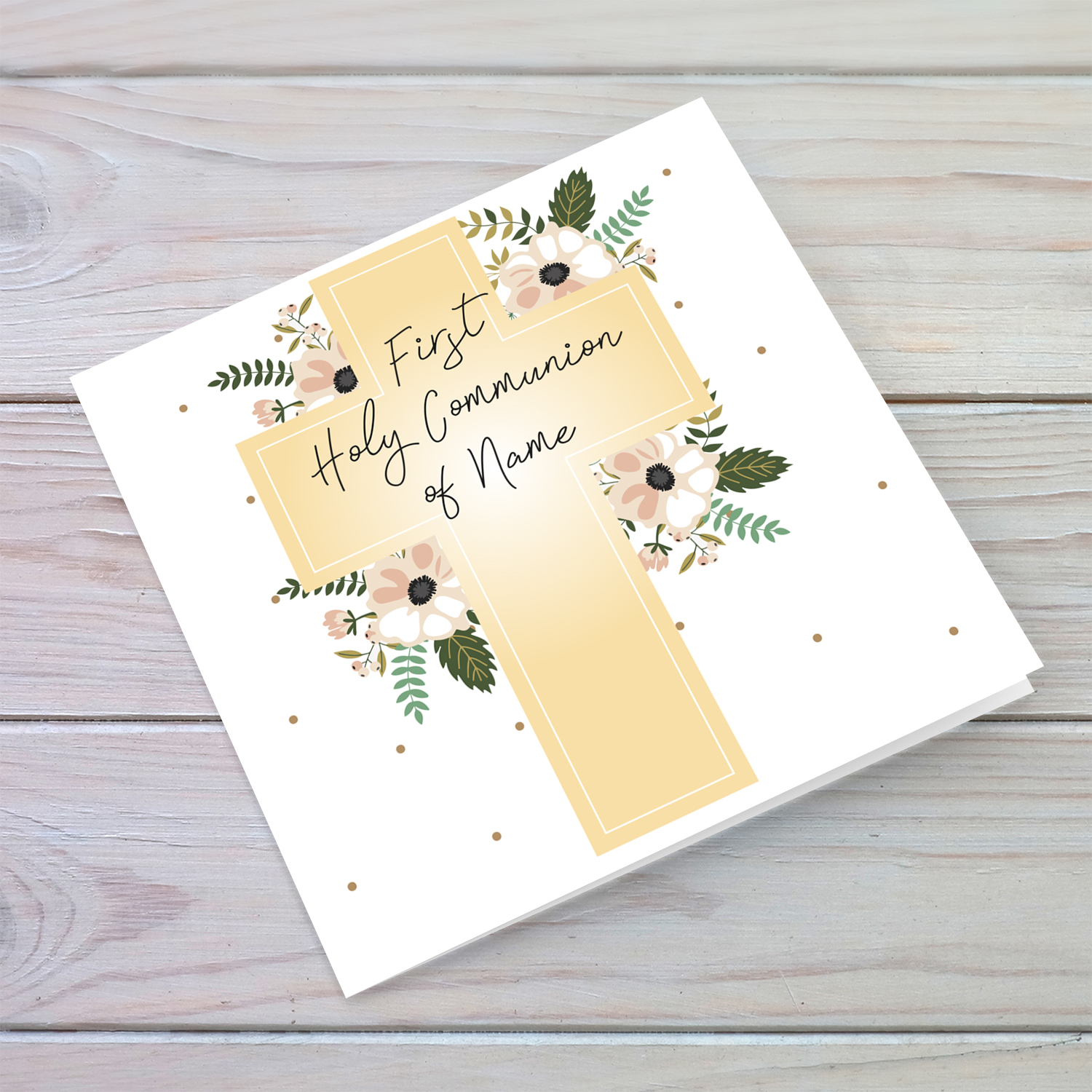 Holy Cross in pastel colour with various florals personalisable Holy Communion card in English