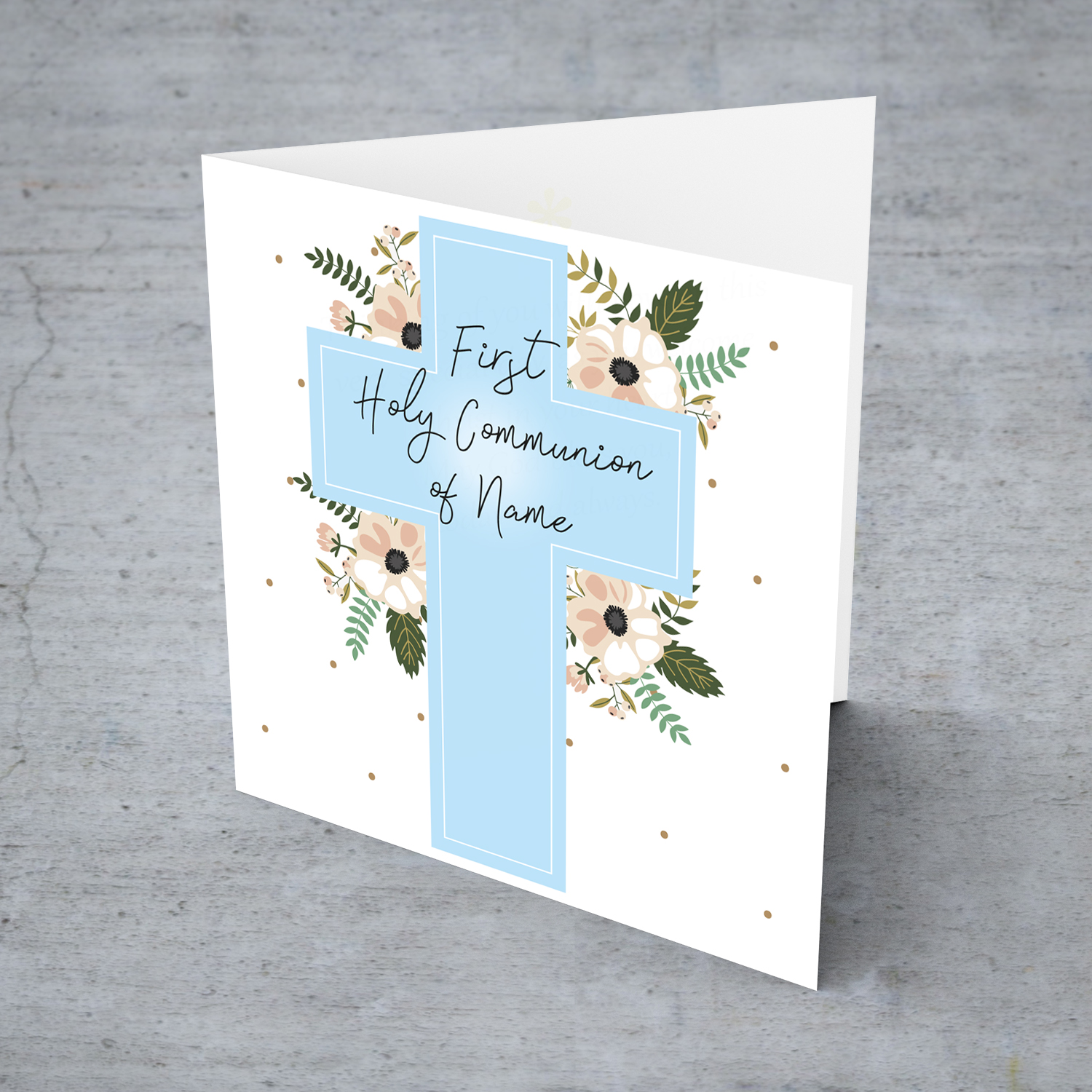 Holy cross in light blue with florals personalisable holy communion card in English