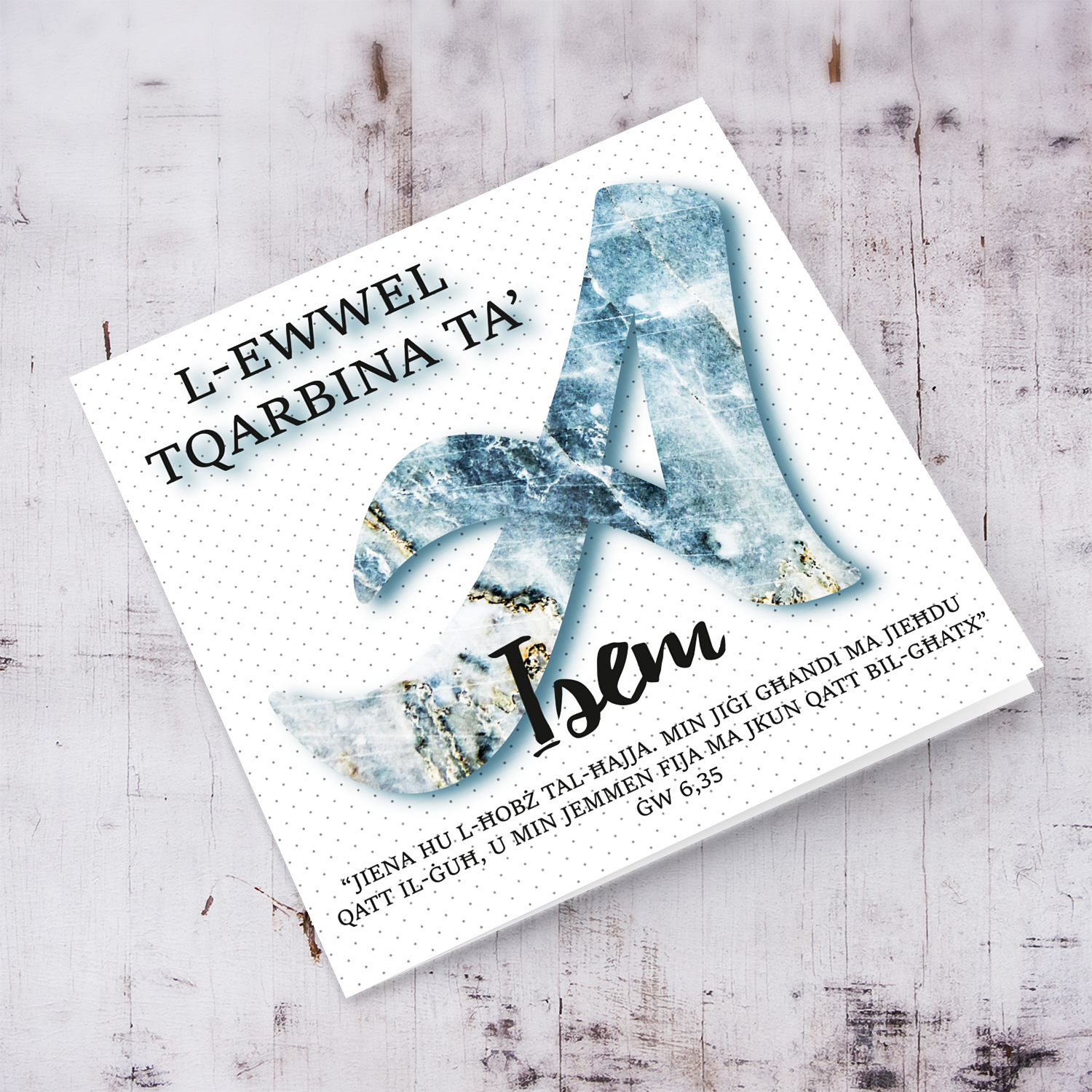 A - Initial First Holy Communion Card for Boys, with bible verse ĠW 6,35 and light dotted background in Maltese
