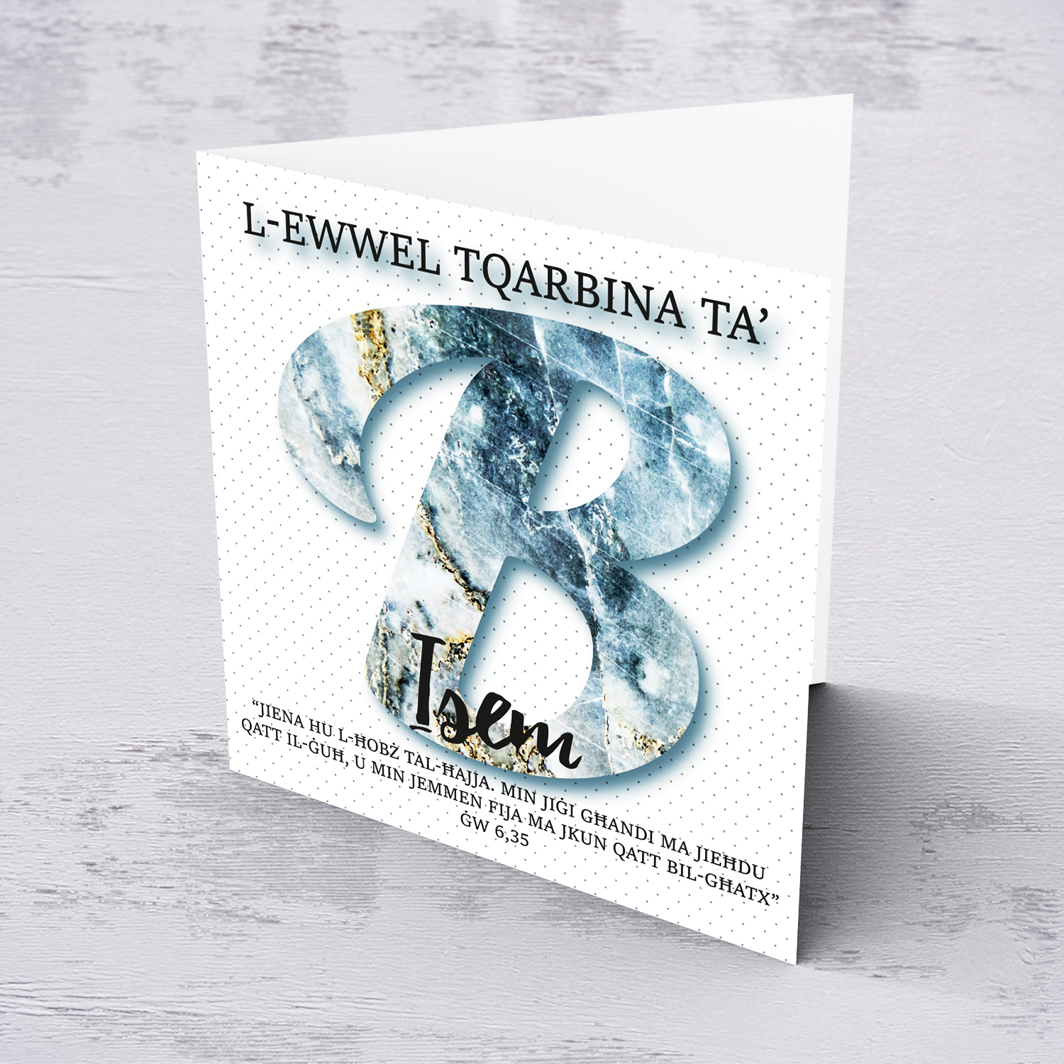 B - Initial First Holy Communion Card for Boys, with bible verse ĠW 6,35 and light dotted background in Maltese