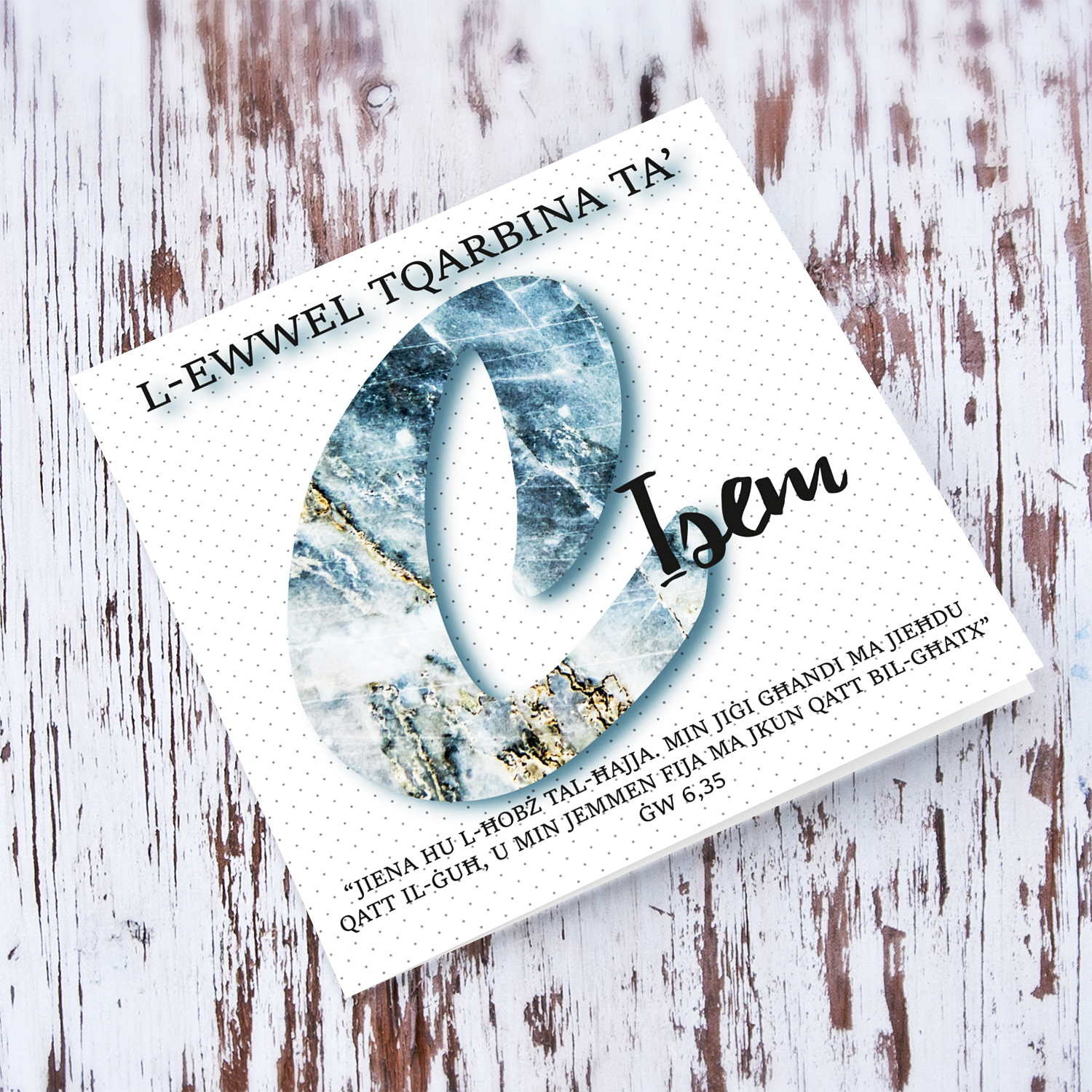 C - Initial First Holy Communion Card for Boys, with bible verse ĠW 6,35 and light dotted background in Maltese