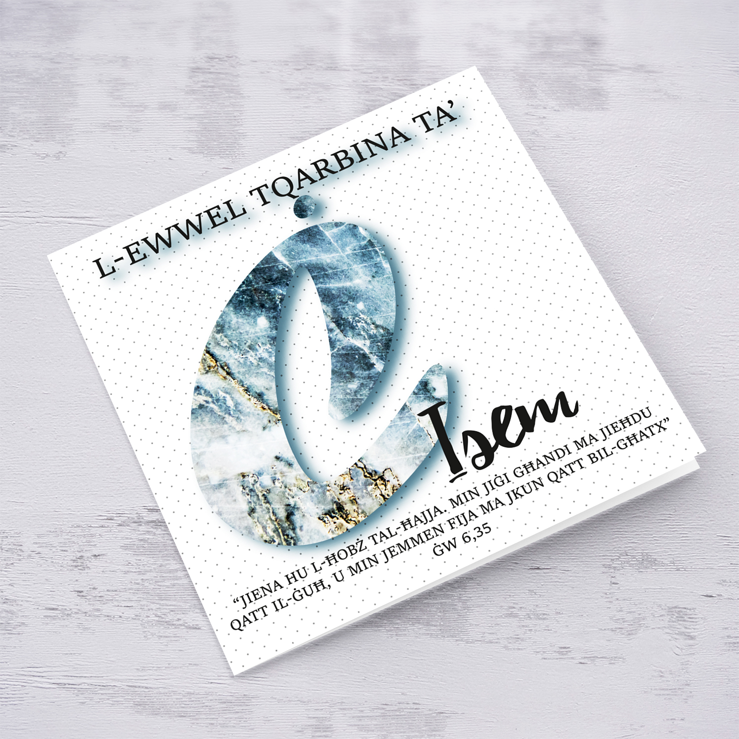 Ċ - Initial First Holy Communion Card for Boys, with bible verse ĠW 6,35 and light dotted background in Maltese