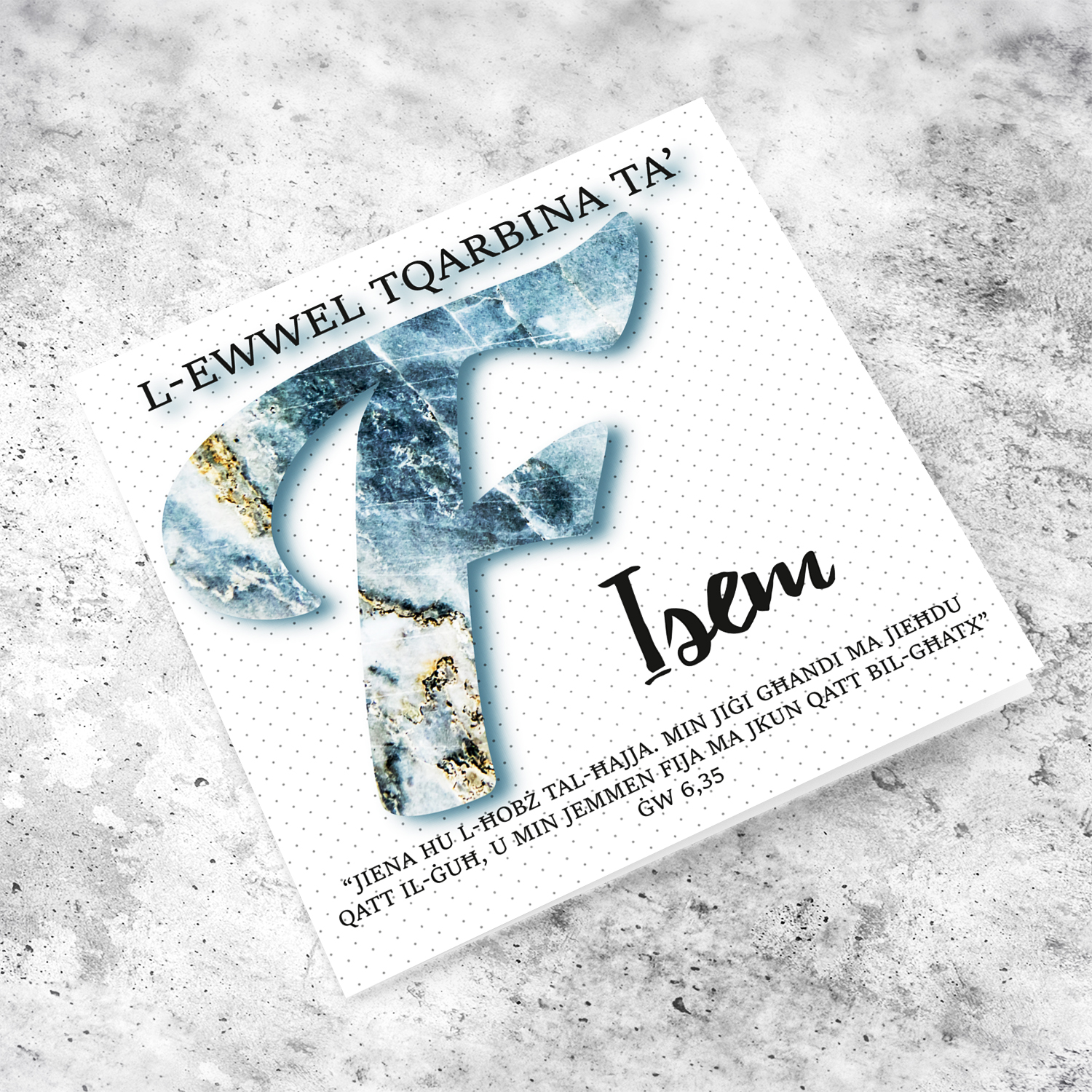 F - Initial First Holy Communion Card for Boys, with bible verse ĠW 6,35 and light dotted background in Maltese