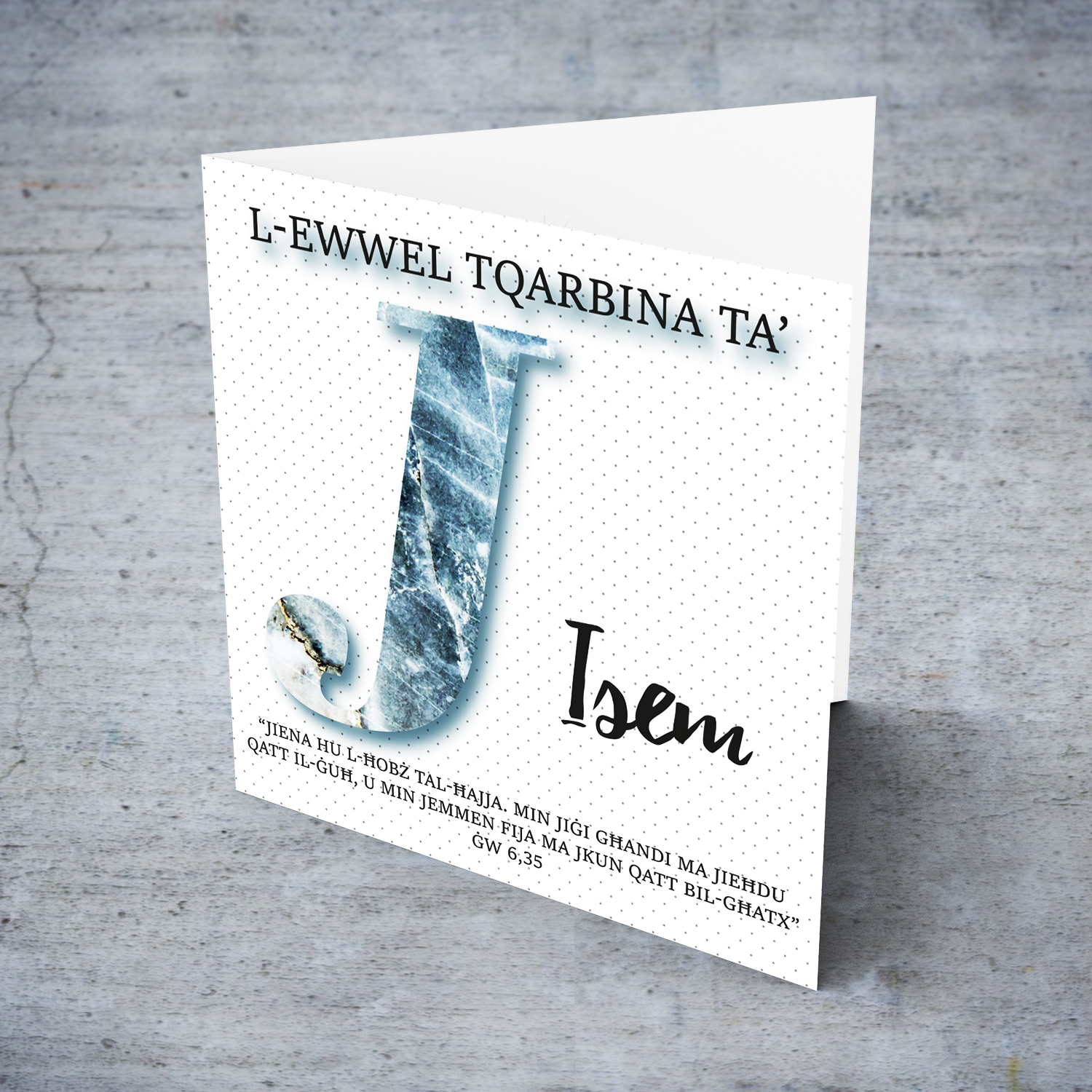 J - Initial First Holy Communion Card for Boys, with bible verse ĠW 6,35 and light dotted background in Maltese
