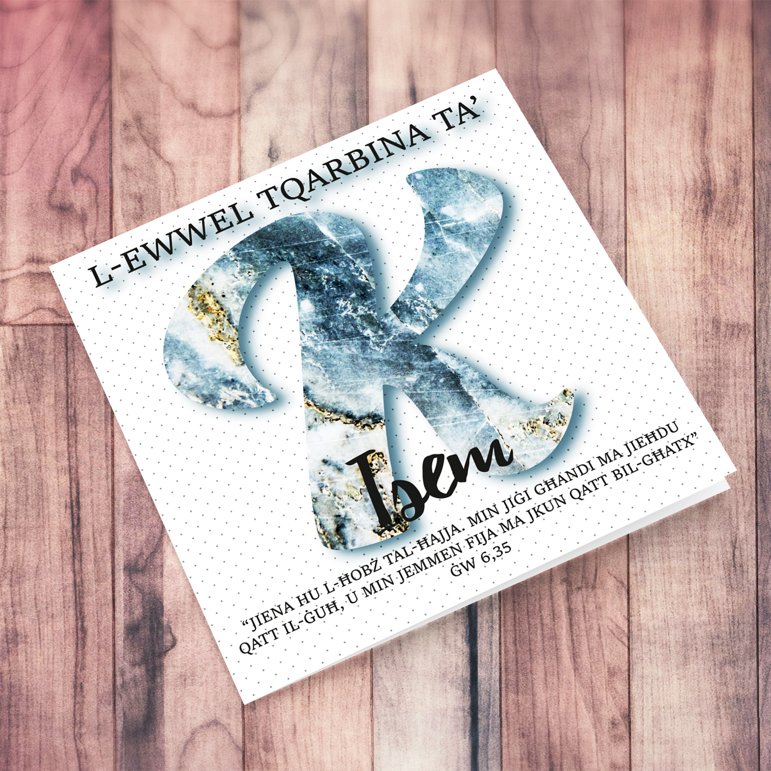 K - Initial First Holy Communion Card for Boys, with bible verse ĠW 6,35 and light dotted background in Maltese
