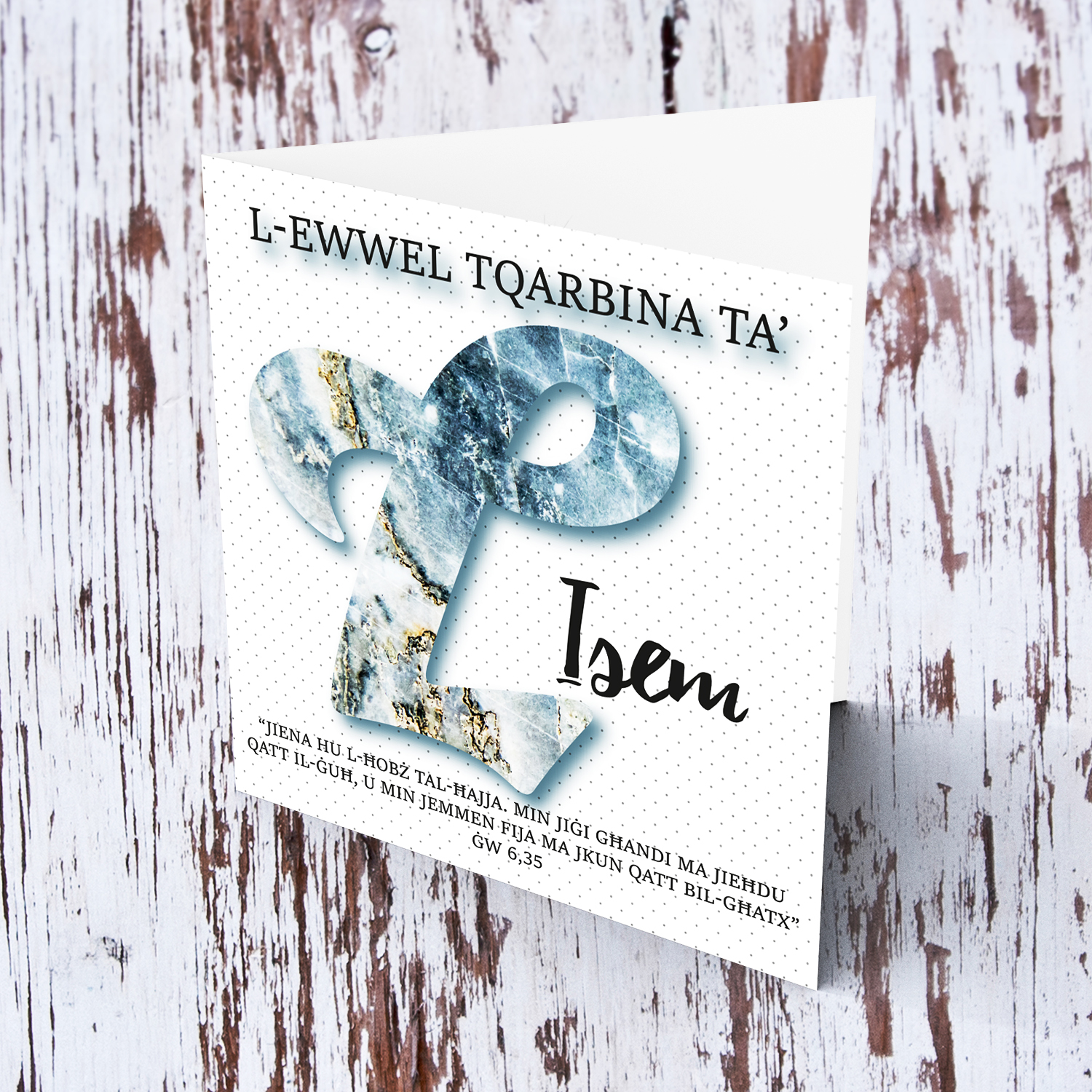L - Initial First Holy Communion Card for Boys, with bible verse ĠW 6,35 and light dotted background in Maltese