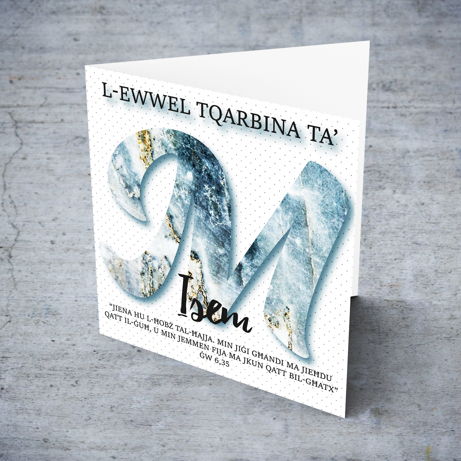 M - Initial First Holy Communion Card for Boys, with bible verse ĠW 6,35 and light dotted background in Maltese