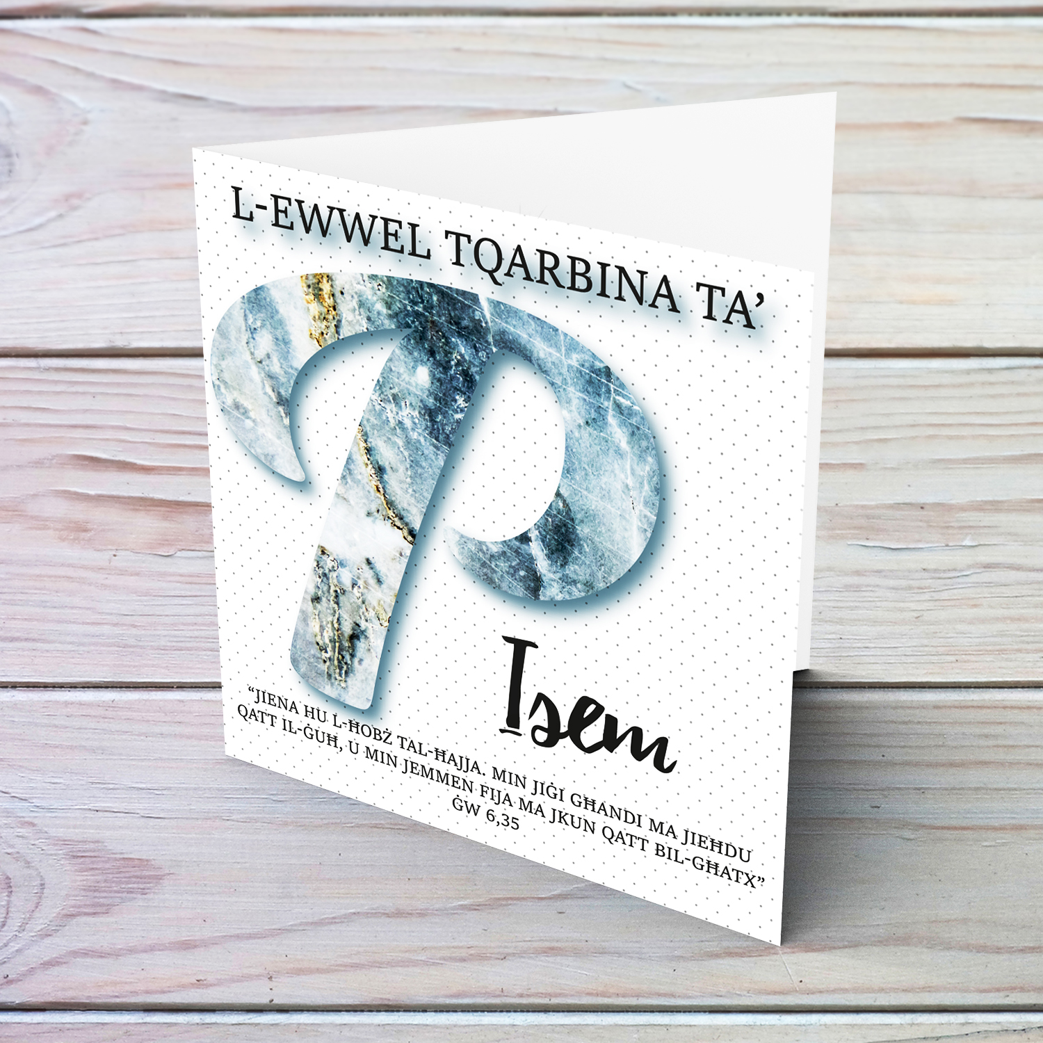 P - Initial First Holy Communion Card for Boys, with bible verse ĠW 6,35 and light dotted background in Maltese