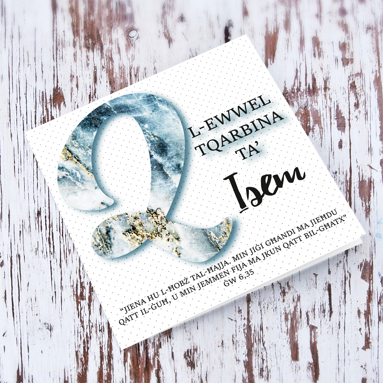 Q - Initial First Holy Communion Card for Boys, with bible verse ĠW 6,35 and light dotted background in Maltese