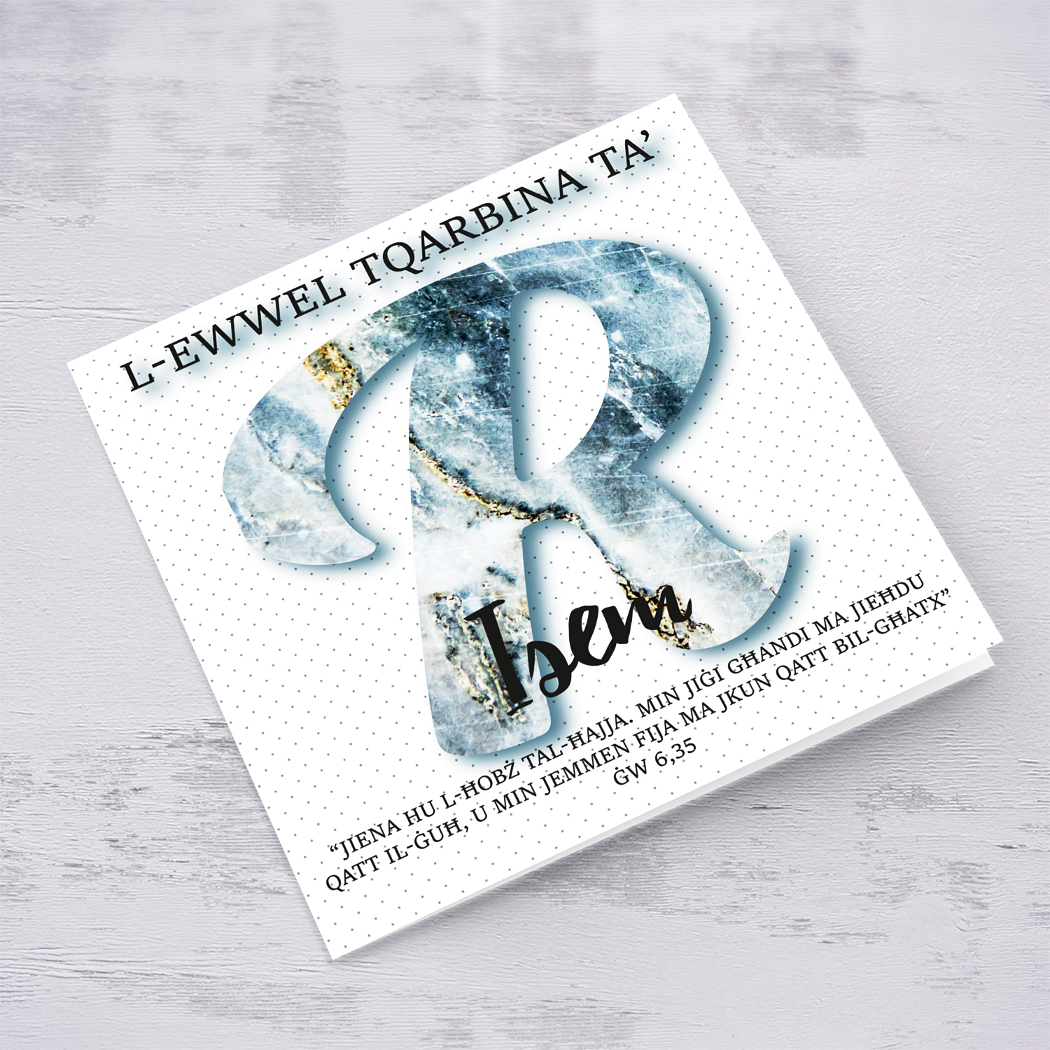 R - Initial First Holy Communion Card for Boys, with bible verse ĠW 6,35 and light dotted background in Maltese