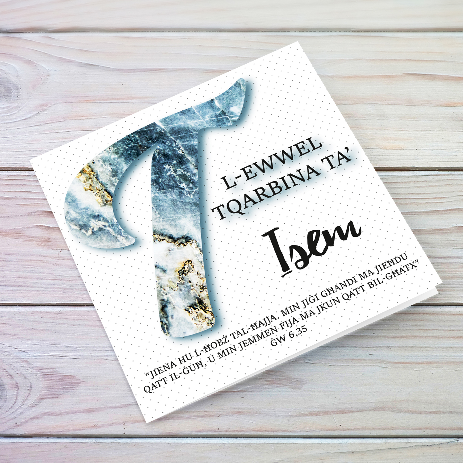 T - Initial First Holy Communion Card for Boys, with bible verse ĠW 6,35 and light dotted background in Maltese