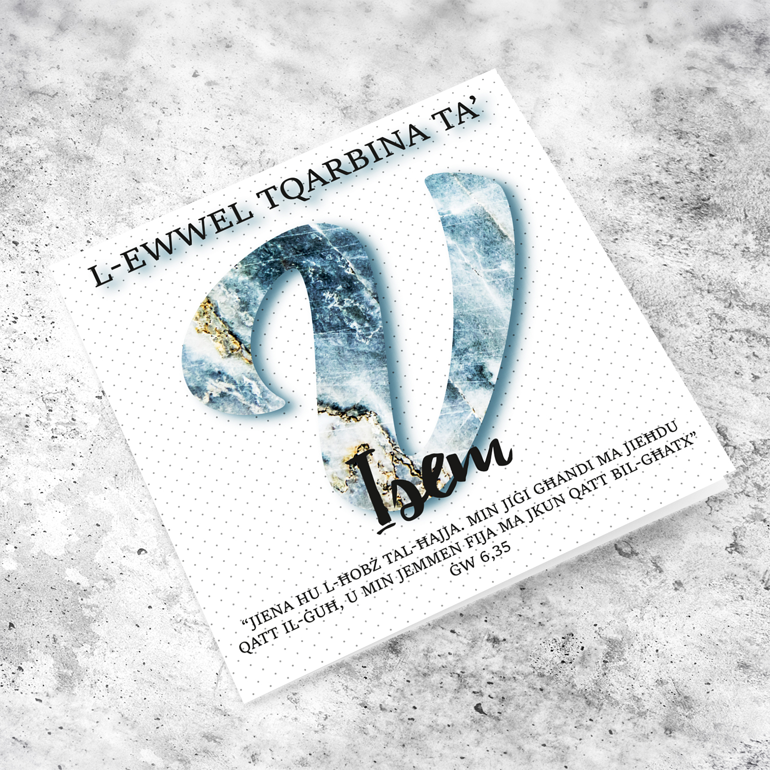 V - Initial First Holy Communion Card for Boys, with bible verse ĠW 6,35 and light dotted background in Maltese