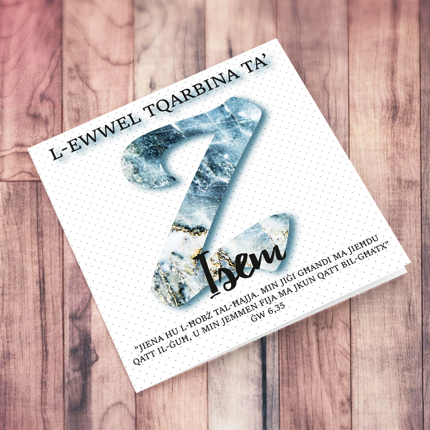 Z - Initial First Holy Communion Card for Boys, with bible verse ĠW 6,35 and light dotted background in Maltese