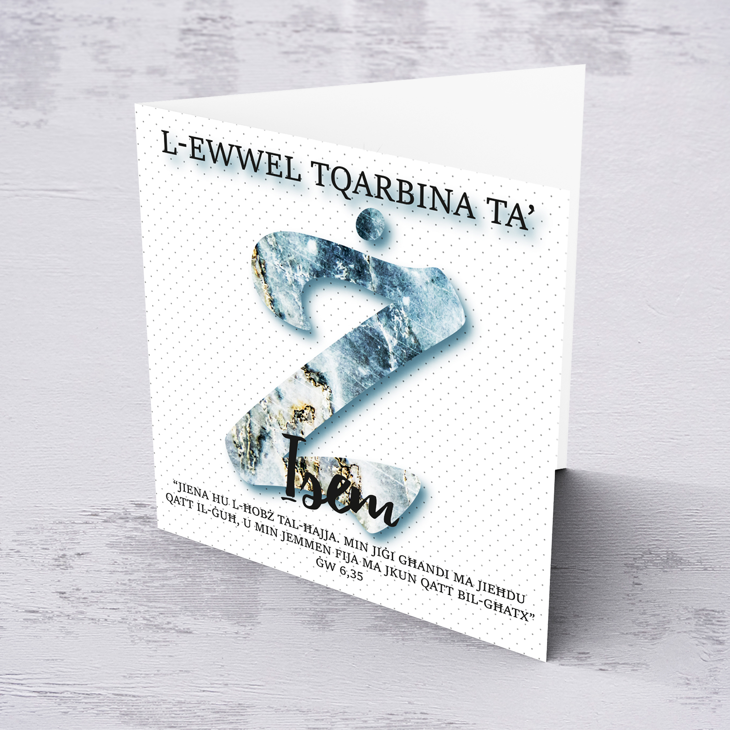 Ż - Initial First Holy Communion Card for Boys, with bible verse ĠW 6,35 and light dotted background in Maltese