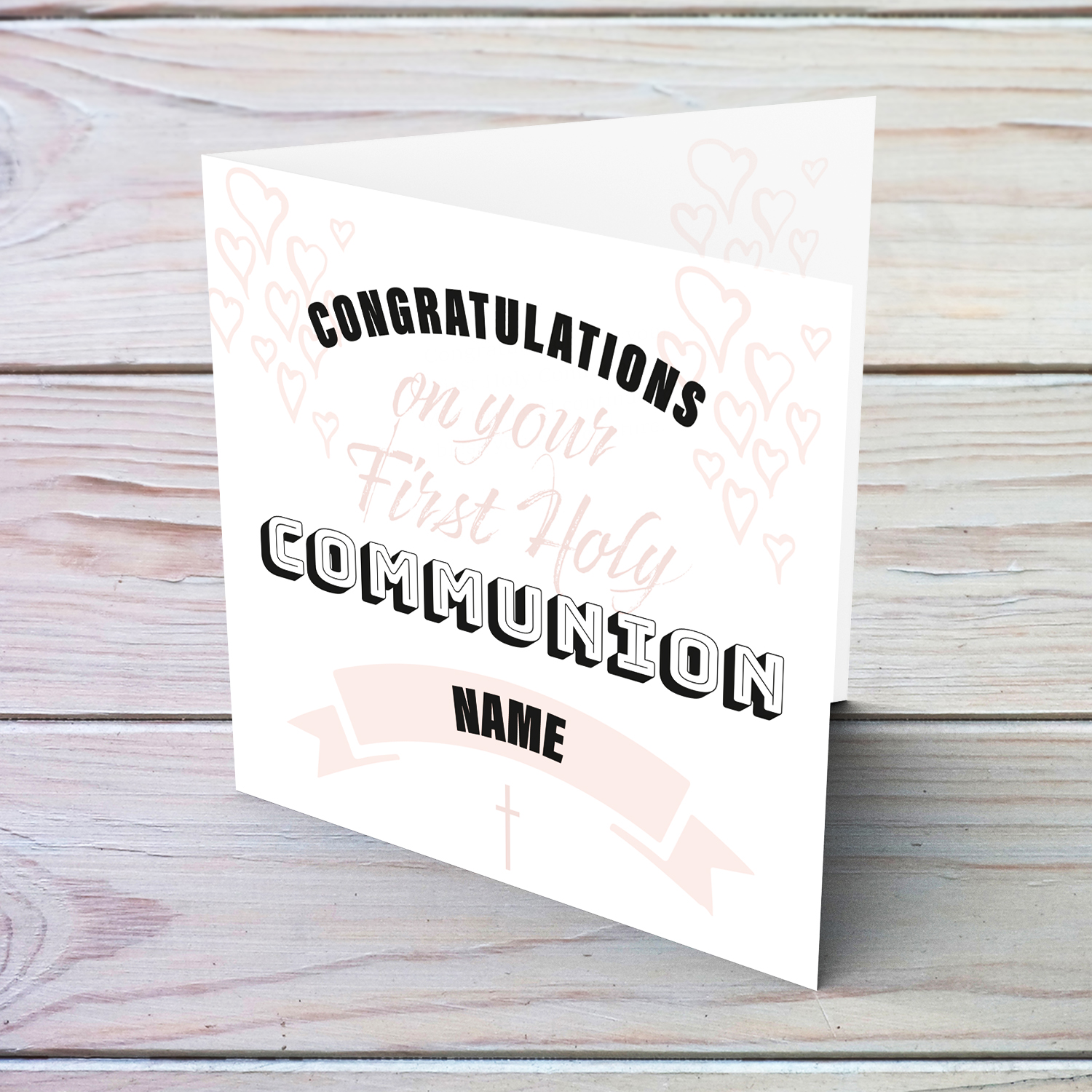Minimalist holy communion card for girls (personalisable) with white background and light pink hearts in English
