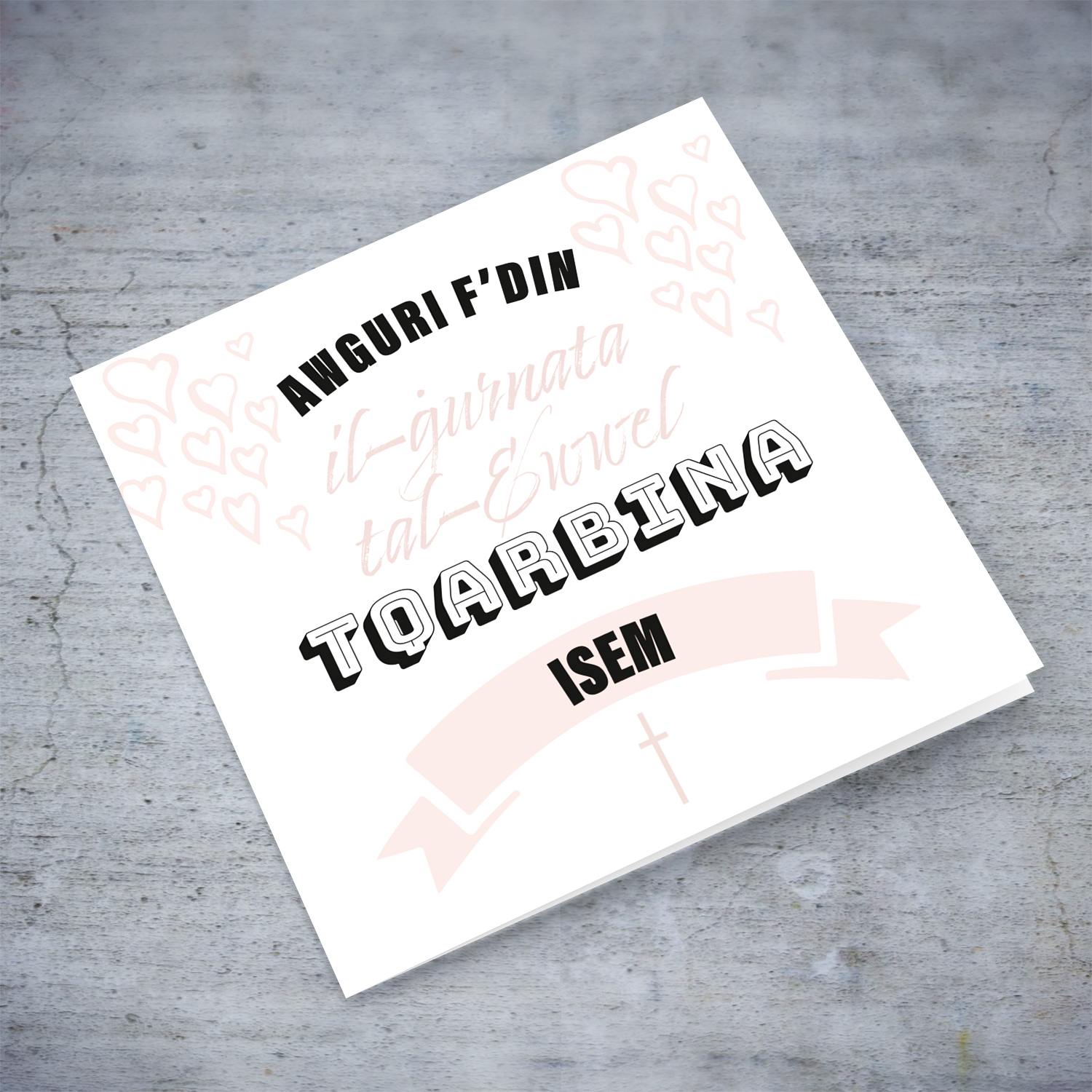 Minimalist holy communion card for girls (personalisable) with white background and light pink hearts