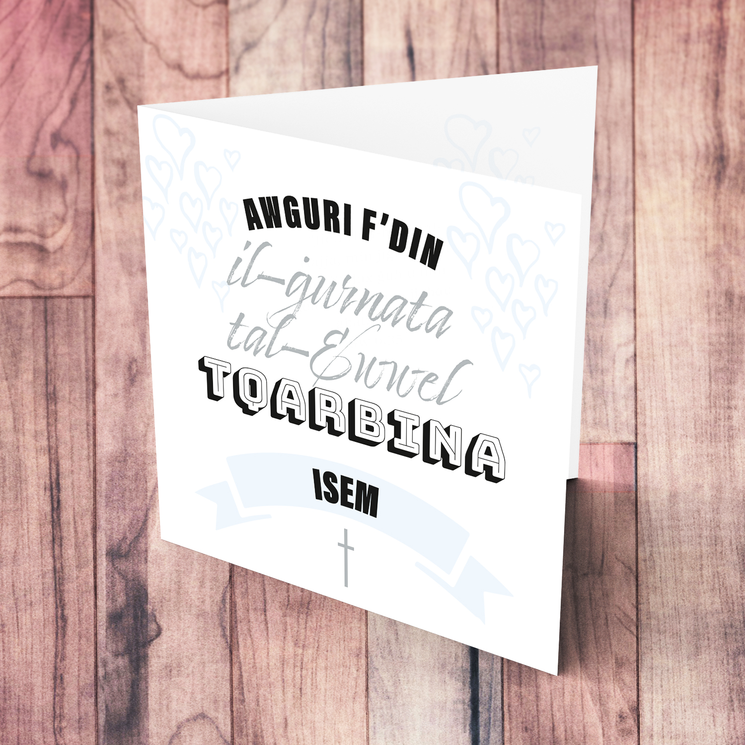 Minimalist holy communion card for boys (personalisable) with white background and light blue hearts in Maltese